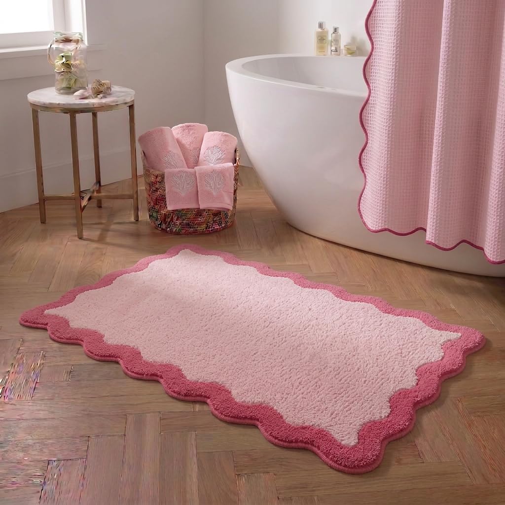 Cute Magenta‌ Pink Scalloped Bathroom Mat, Fun Plush Luxury Microfiber Bath Rug Aesthetic Washable Bath Mat Non-Slip for Bathroom, Tub, Floor Carpet, Sink, Shower, Extra Soft, Absorbent, 32x20
