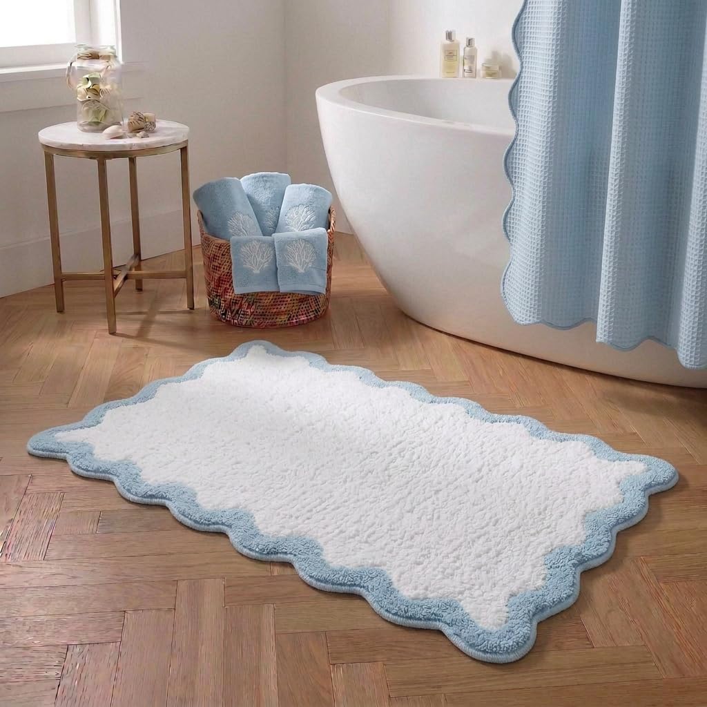 Cute Magenta‌ Pink Scalloped Bathroom Mat, Fun Plush Luxury Microfiber Bath Rug Aesthetic Washable Bath Mat Non-Slip for Bathroom, Tub, Floor Carpet, Sink, Shower, Extra Soft, Absorbent, 32x20