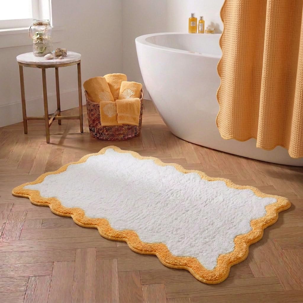 Cute Magenta‌ Pink Scalloped Bathroom Mat, Fun Plush Luxury Microfiber Bath Rug Aesthetic Washable Bath Mat Non-Slip for Bathroom, Tub, Floor Carpet, Sink, Shower, Extra Soft, Absorbent, 32x20