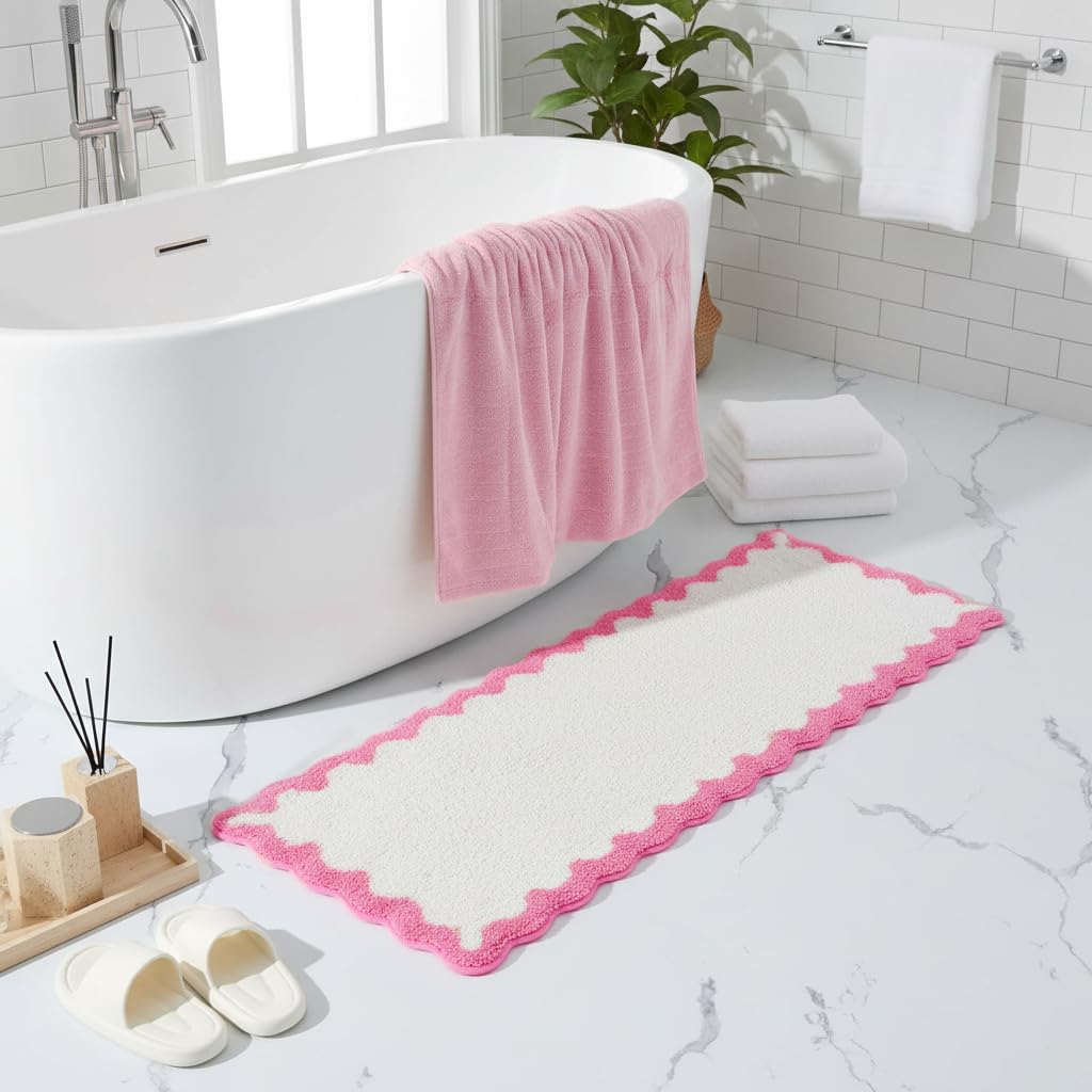 Cute Magenta‌ Pink Scalloped Bathroom Mat, Fun Plush Luxury Microfiber Bath Rug Aesthetic Washable Bath Mat Non-Slip for Bathroom, Tub, Floor Carpet, Sink, Shower, Extra Soft, Absorbent, 32x20