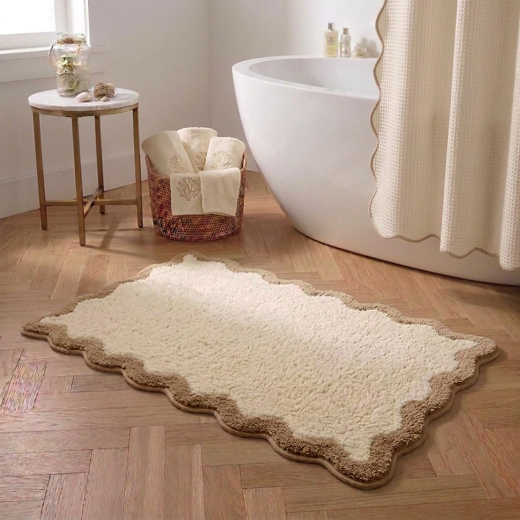 Cute Magenta‌ Pink Scalloped Bathroom Mat, Fun Plush Luxury Microfiber Bath Rug Aesthetic Washable Bath Mat Non-Slip for Bathroom, Tub, Floor Carpet, Sink, Shower, Extra Soft, Absorbent, 32x20