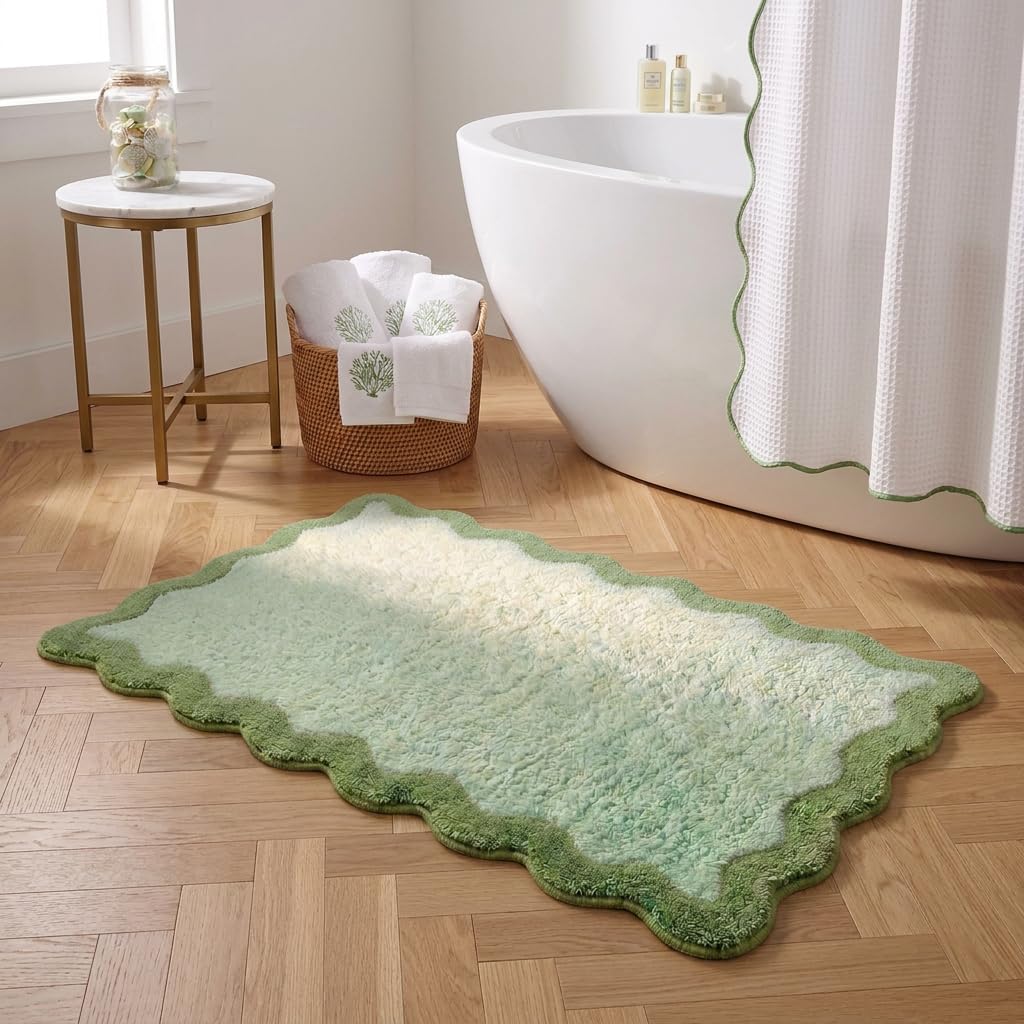 Cute Magenta‌ Pink Scalloped Bathroom Mat, Fun Plush Luxury Microfiber Bath Rug Aesthetic Washable Bath Mat Non-Slip for Bathroom, Tub, Floor Carpet, Sink, Shower, Extra Soft, Absorbent, 32x20