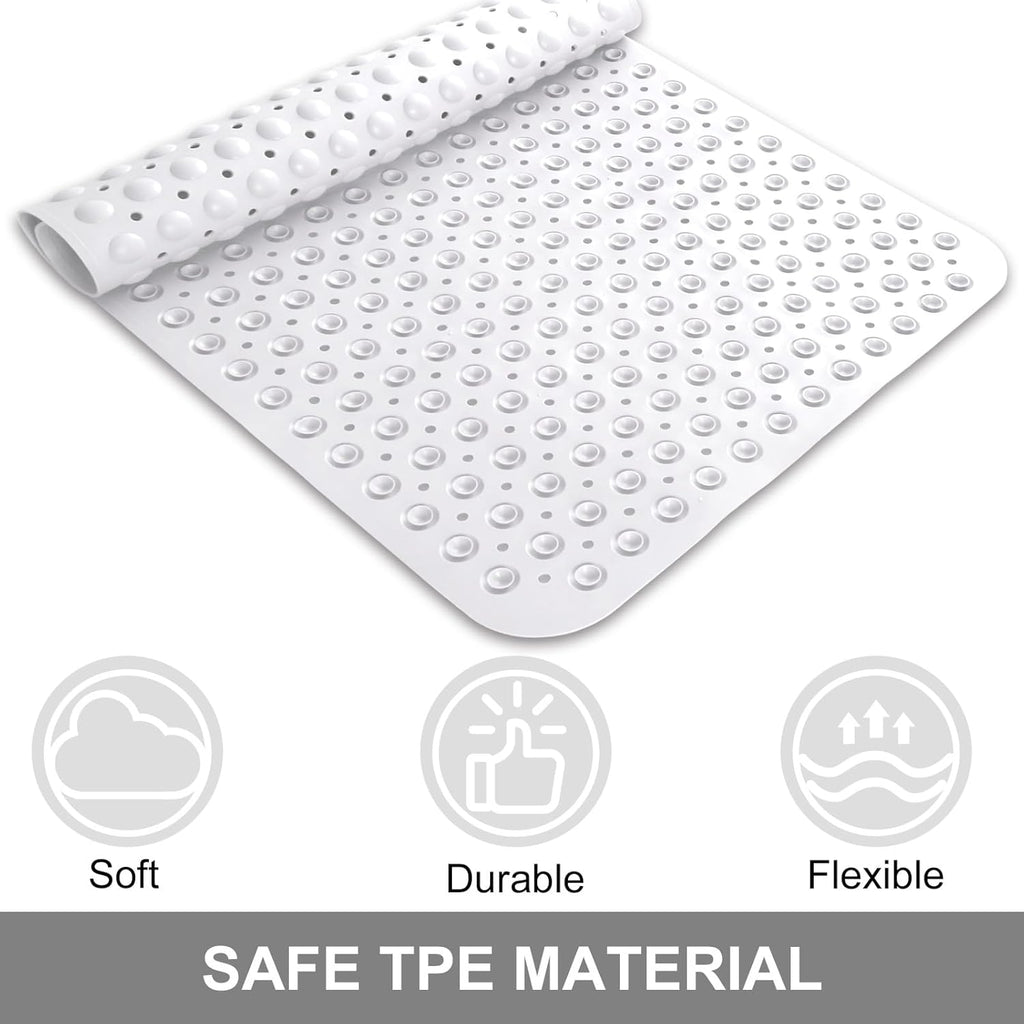 Shower Mat Non Slip, 36" x 24" Large Shower Floor Mat with Drain Holes and Suction Cups, Soft TPE Anti Slip Shower Stall Mats for Inside Shower, Machine Washable, White