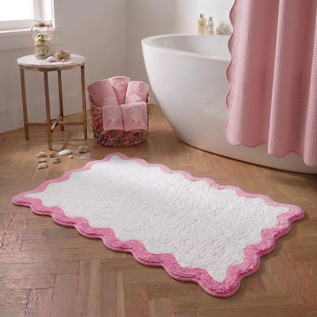 Cute Magenta‌ Pink Scalloped Bathroom Mat, Fun Plush Luxury Microfiber Bath Rug Aesthetic Washable Bath Mat Non-Slip for Bathroom, Tub, Floor Carpet, Sink, Shower, Extra Soft, Absorbent, 32x20