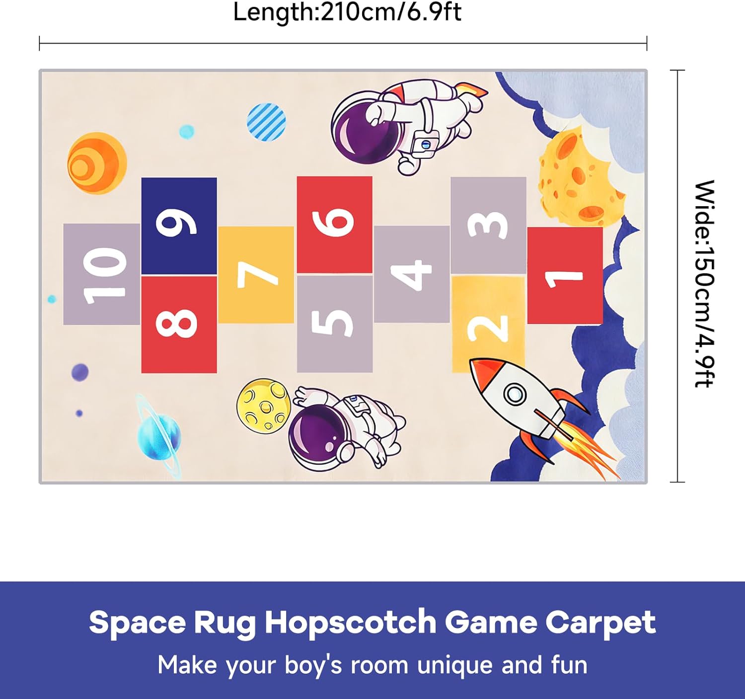 Astronaut Hopscotch Rug for Kids, Blue Space Themed Non-Slip Washable Play Carpet, Educational Number Game Mat for Bedroom Playroom Classroom, Indoor Outdoor Use for Boys Girls