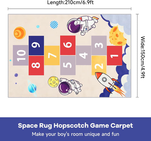 Astronaut Hopscotch Rug for Kids, Blue Space Themed Non-Slip Washable Play Carpet, Educational Number Game Mat for Bedroom Playroom Classroom, Indoor Outdoor Use for Boys Girls