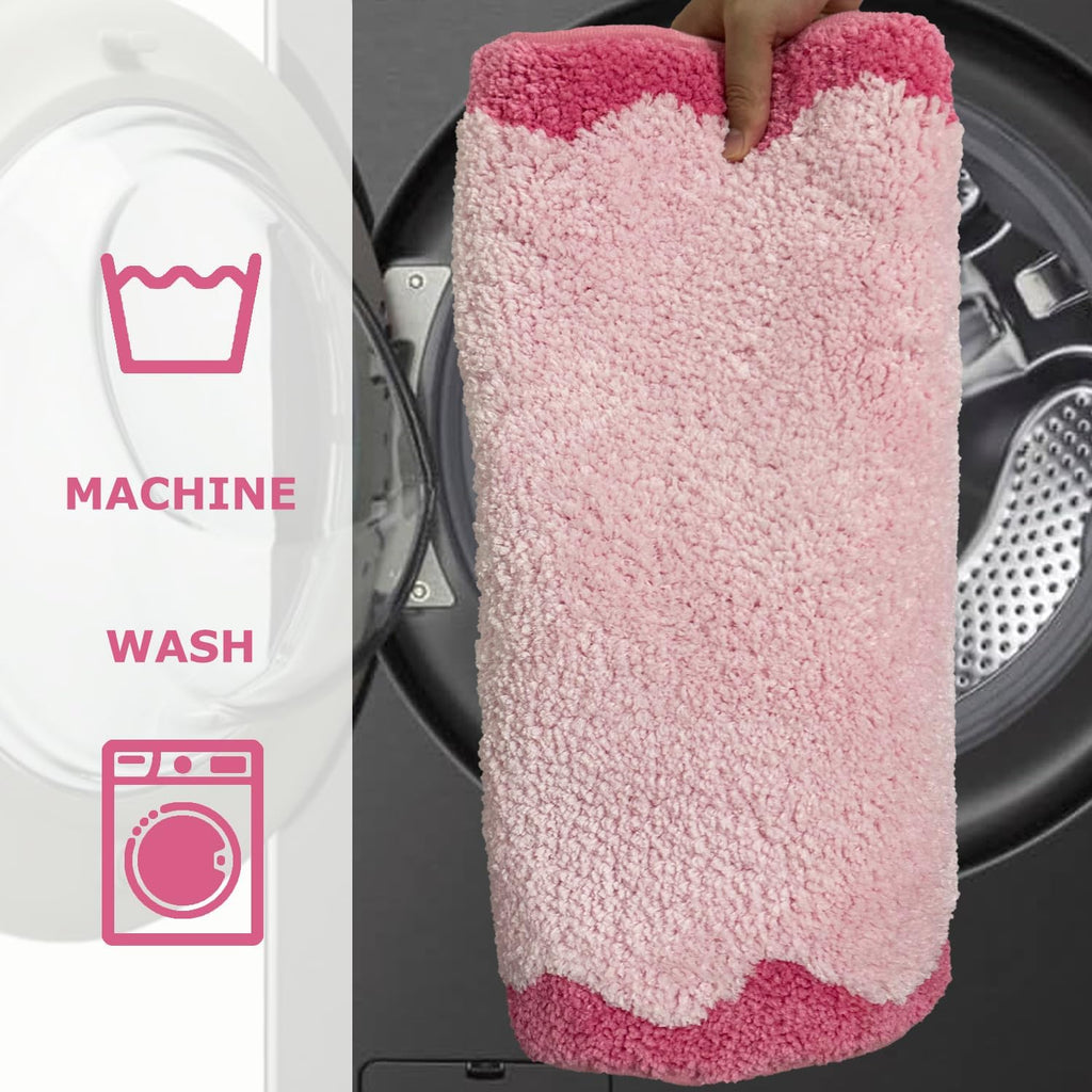 Cute Magenta‌ Pink Scalloped Bathroom Mat, Fun Plush Luxury Microfiber Bath Rug Aesthetic Washable Bath Mat Non-Slip for Bathroom, Tub, Floor Carpet, Sink, Shower, Extra Soft, Absorbent, 32x20