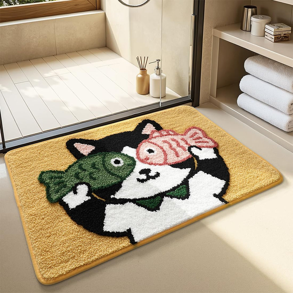 Cute Bath Mat, Fluffy Ultra Soft Bathroom Rugs with Funny Cat Fish Designs, Super Absorbent Shower Bath Rug Non Slip, Machine Washable Floor Mats for Bathtub, Shower, and Entryway, 32" x 20"