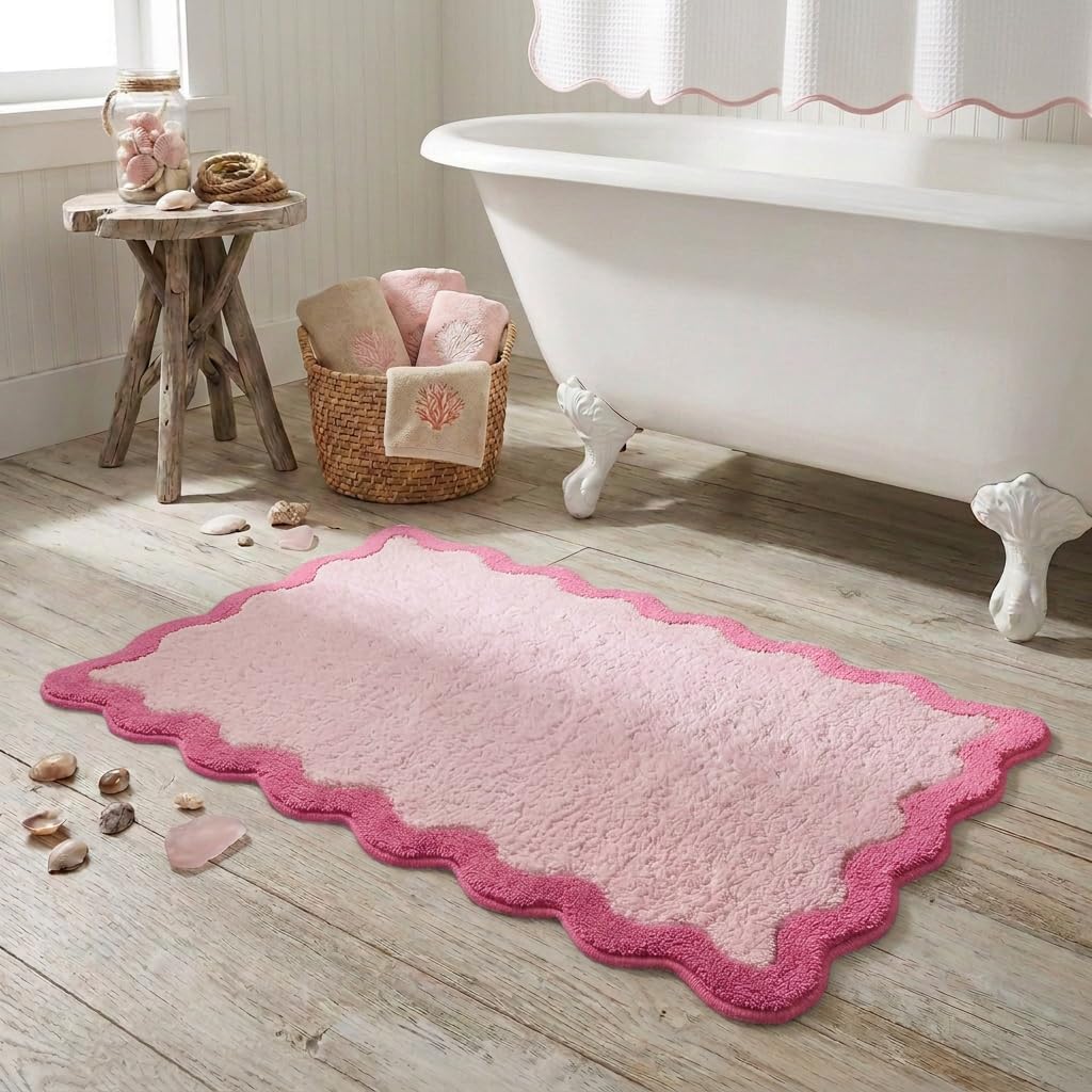 Cute Magenta‌ Pink Scalloped Bathroom Mat, Fun Plush Luxury Microfiber Bath Rug Aesthetic Washable Bath Mat Non-Slip for Bathroom, Tub, Floor Carpet, Sink, Shower, Extra Soft, Absorbent, 32x20