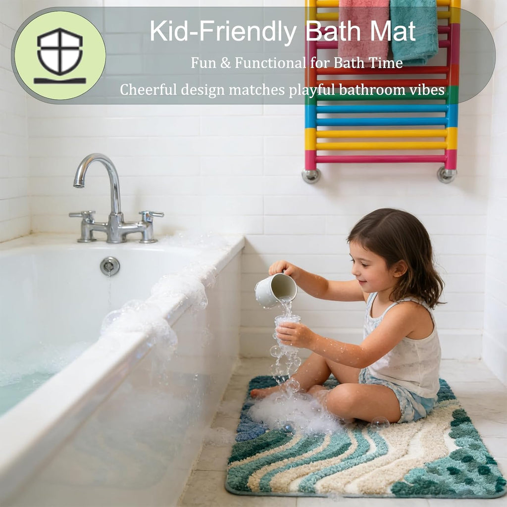 Beach Bathroom Rug Upgraded, 20"x32" Non-Slip Soft Plush Bath Mat, Water Absorbent Shaggy Shower Rug, Machine Washable, Abstract Wave Green Bathroom Decor for Home Decor, Kids Room, Shower (Stream)