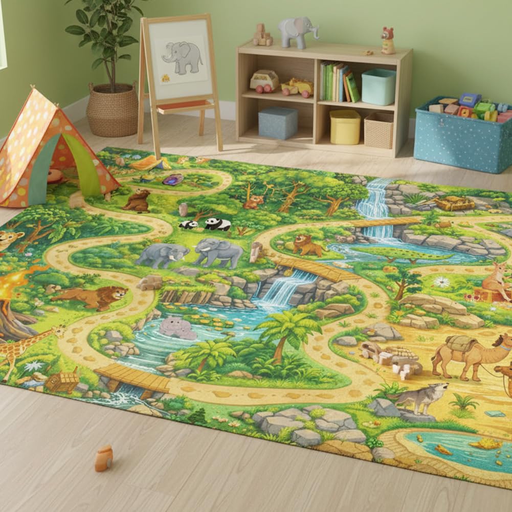 3x5ft Kids Animal Adventure Play Rug - Non-Slip Faux Wool Carpet with Imaginative Play Area Rug for Children Bedroom Playroom, Educational Mat for Kids Nursery Gift
