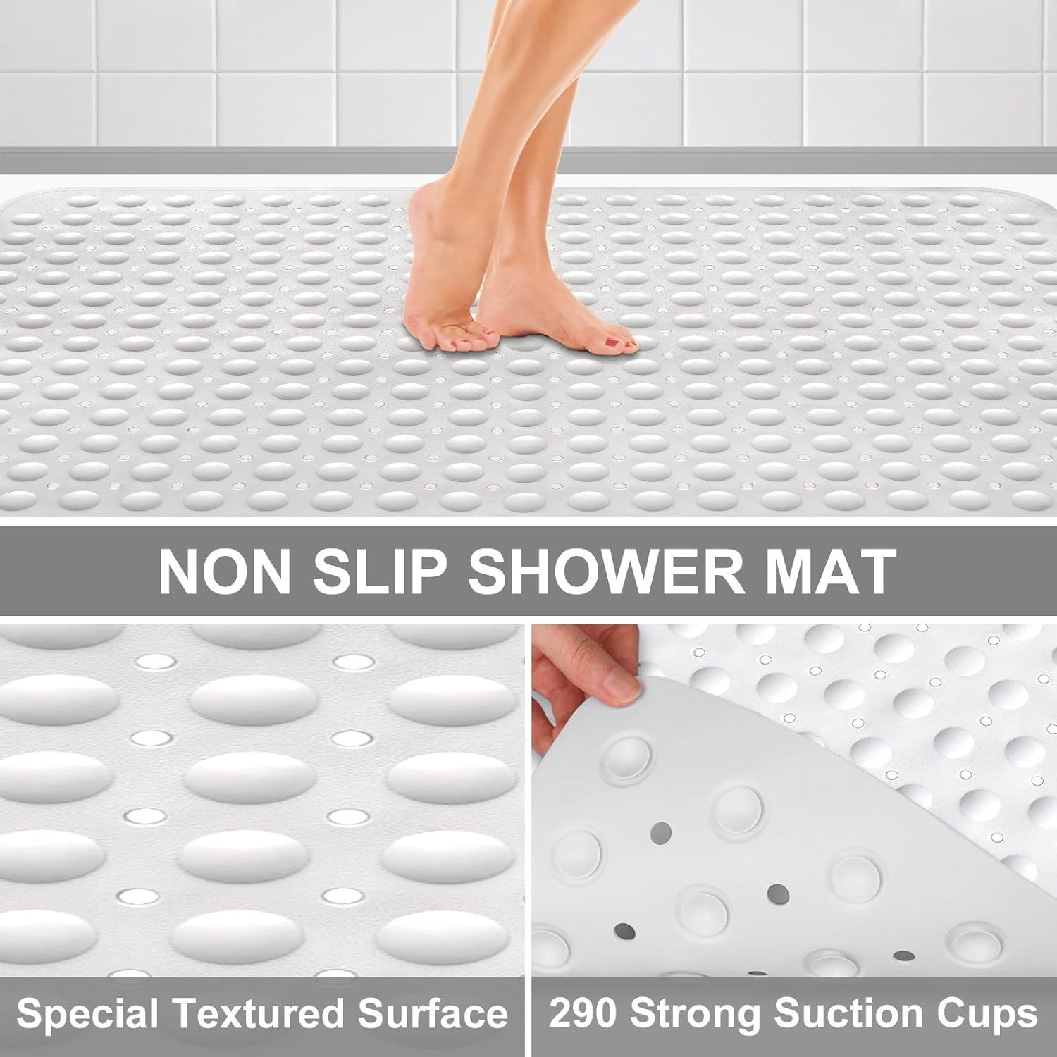 Shower Mat Non Slip, 36" x 24" Large Shower Floor Mat with Drain Holes and Suction Cups, Soft TPE Anti Slip Shower Stall Mats for Inside Shower, Machine Washable, White