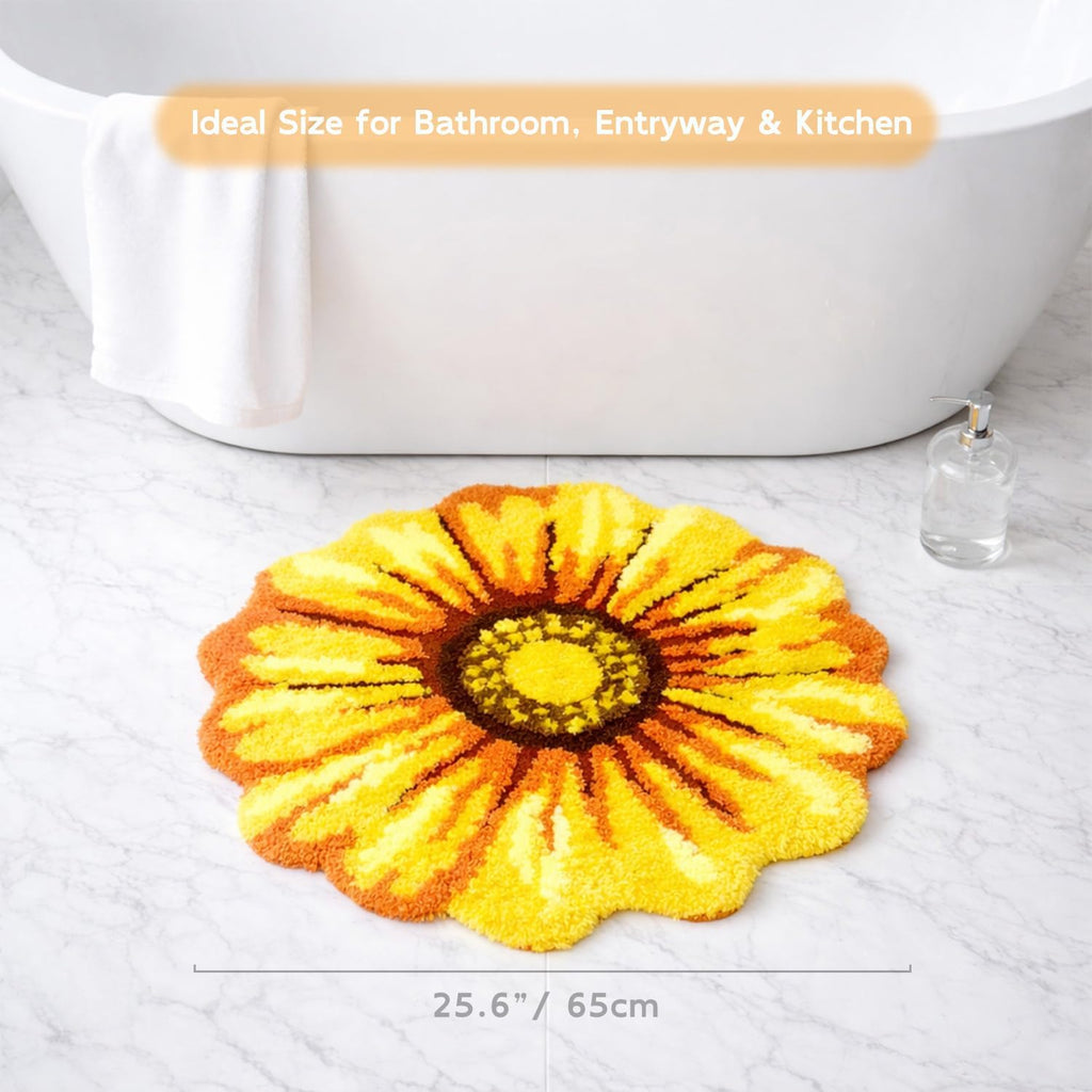 Yellow Flowers Bath Rug, Floral Mat for Bathroom, Non-Slip Floor Mats, Sunflower Washable Microfiber Flower Carpet for Living Room Home Fast Dry Area Rug