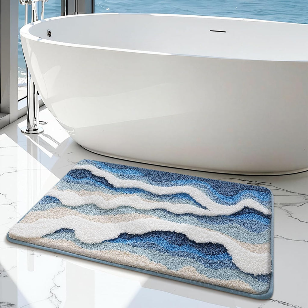 Beach Bathroom Rugs, 20"x32" Highly Absorbent Non-Slip Bath Mat, Ultra-Soft Machine-Washable Ocean Bath Mat for Bathroom Floor, Home Decor (BlueSwell)