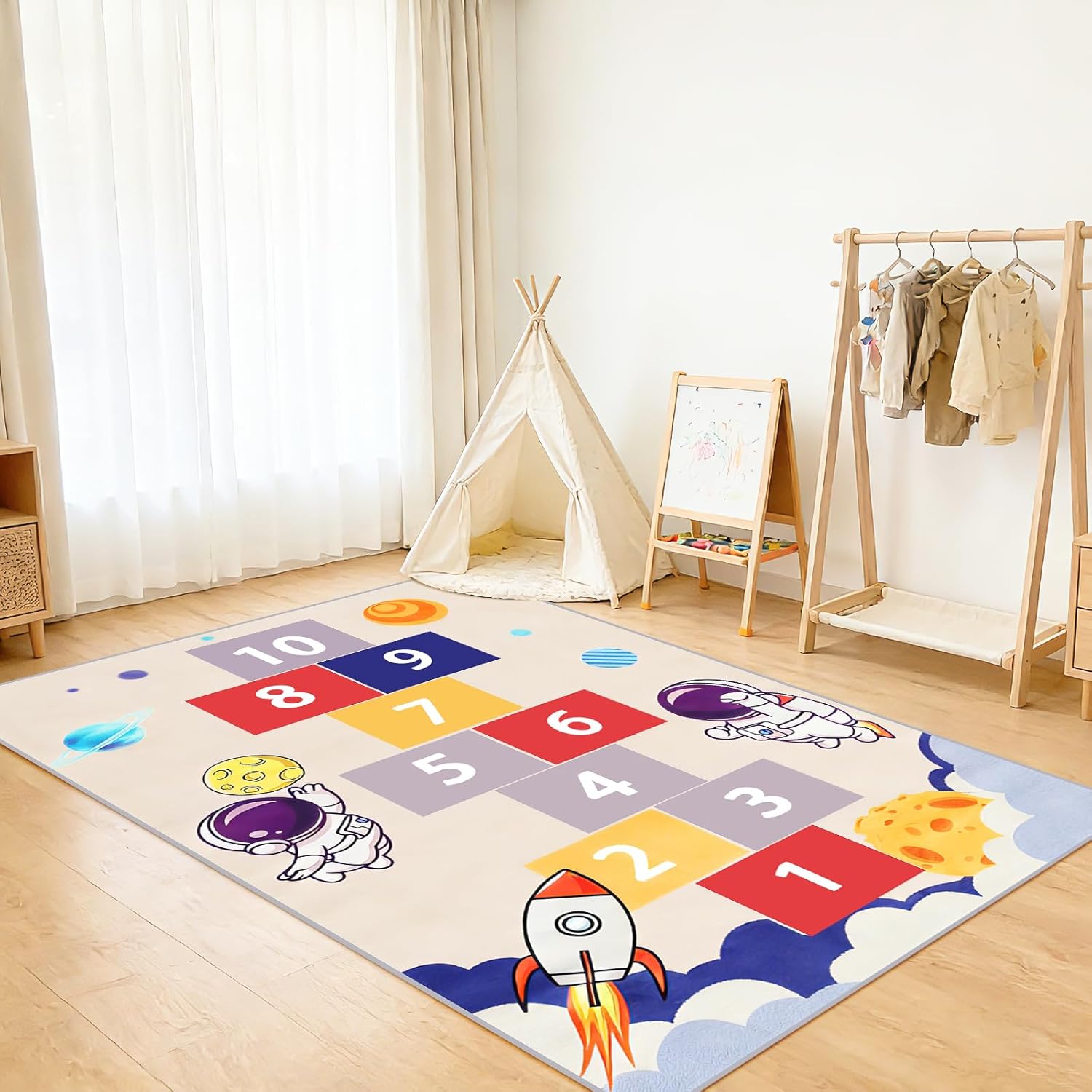Astronaut Hopscotch Rug for Kids, Blue Space Themed Non-Slip Washable Play Carpet, Educational Number Game Mat for Bedroom Playroom Classroom, Indoor Outdoor Use for Boys Girls
