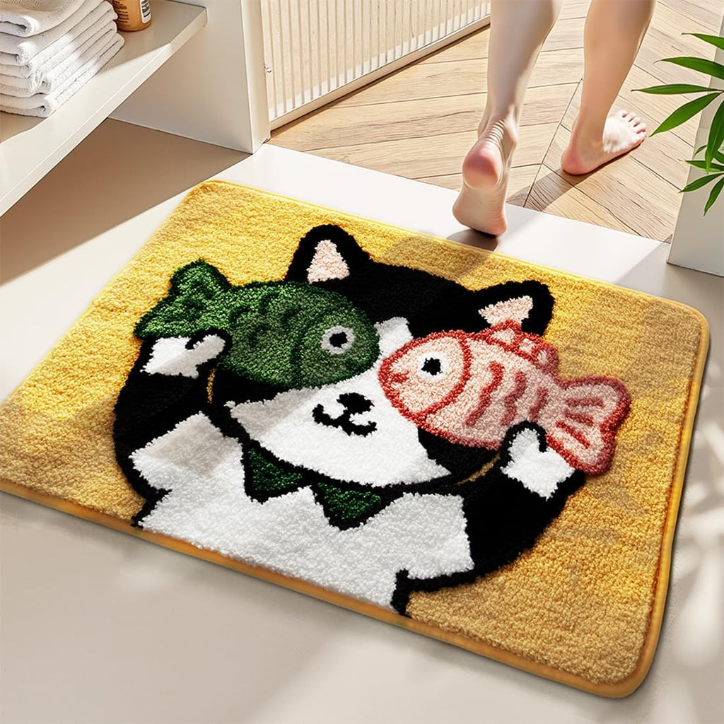 Cute Bath Mat, Fluffy Ultra Soft Bathroom Rugs with Funny Cat Fish Designs, Super Absorbent Shower Bath Rug Non Slip, Machine Washable Floor Mats for Bathtub, Shower, and Entryway, 32" x 20"
