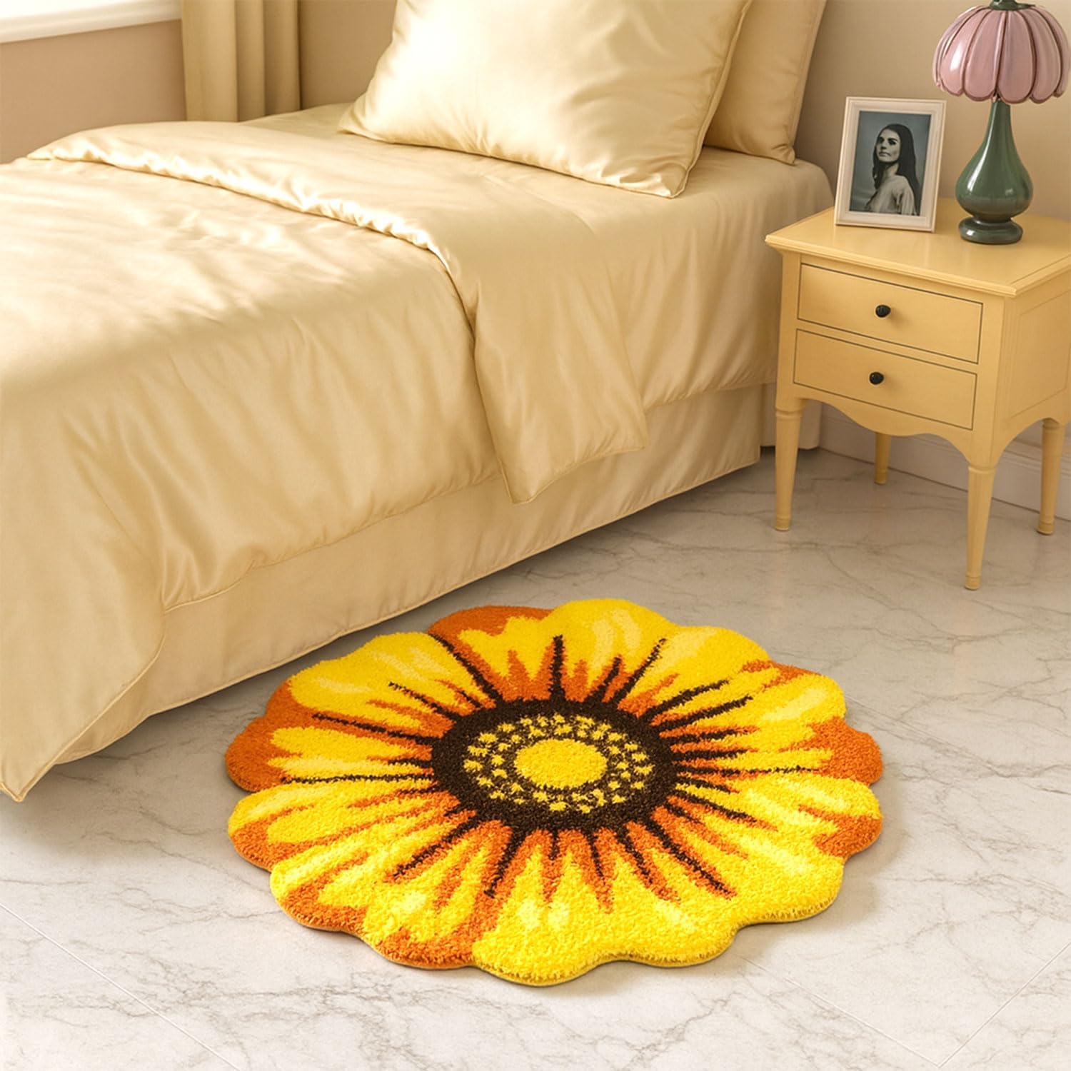Yellow Flowers Bath Rug, Floral Mat for Bathroom, Non-Slip Floor Mats, Sunflower Washable Microfiber Flower Carpet for Living Room Home Fast Dry Area Rug