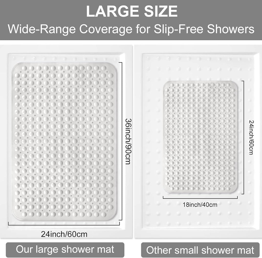 Shower Mat Non Slip, 36" x 24" Large Shower Floor Mat with Drain Holes and Suction Cups, Soft TPE Anti Slip Shower Stall Mats for Inside Shower, Machine Washable, White