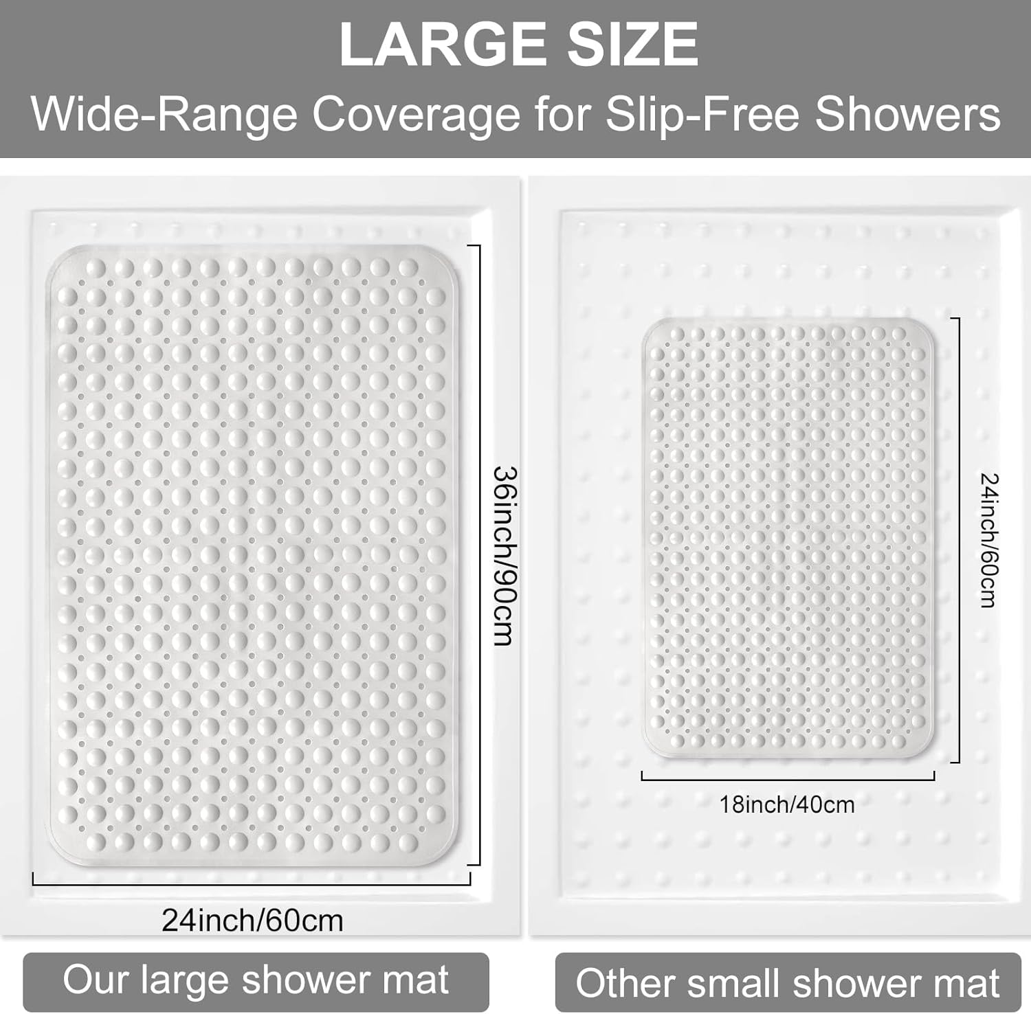 Shower Mat Non Slip, 36" x 24" Large Shower Floor Mat with Drain Holes and Suction Cups, Soft TPE Anti Slip Shower Stall Mats for Inside Shower, Machine Washable, White
