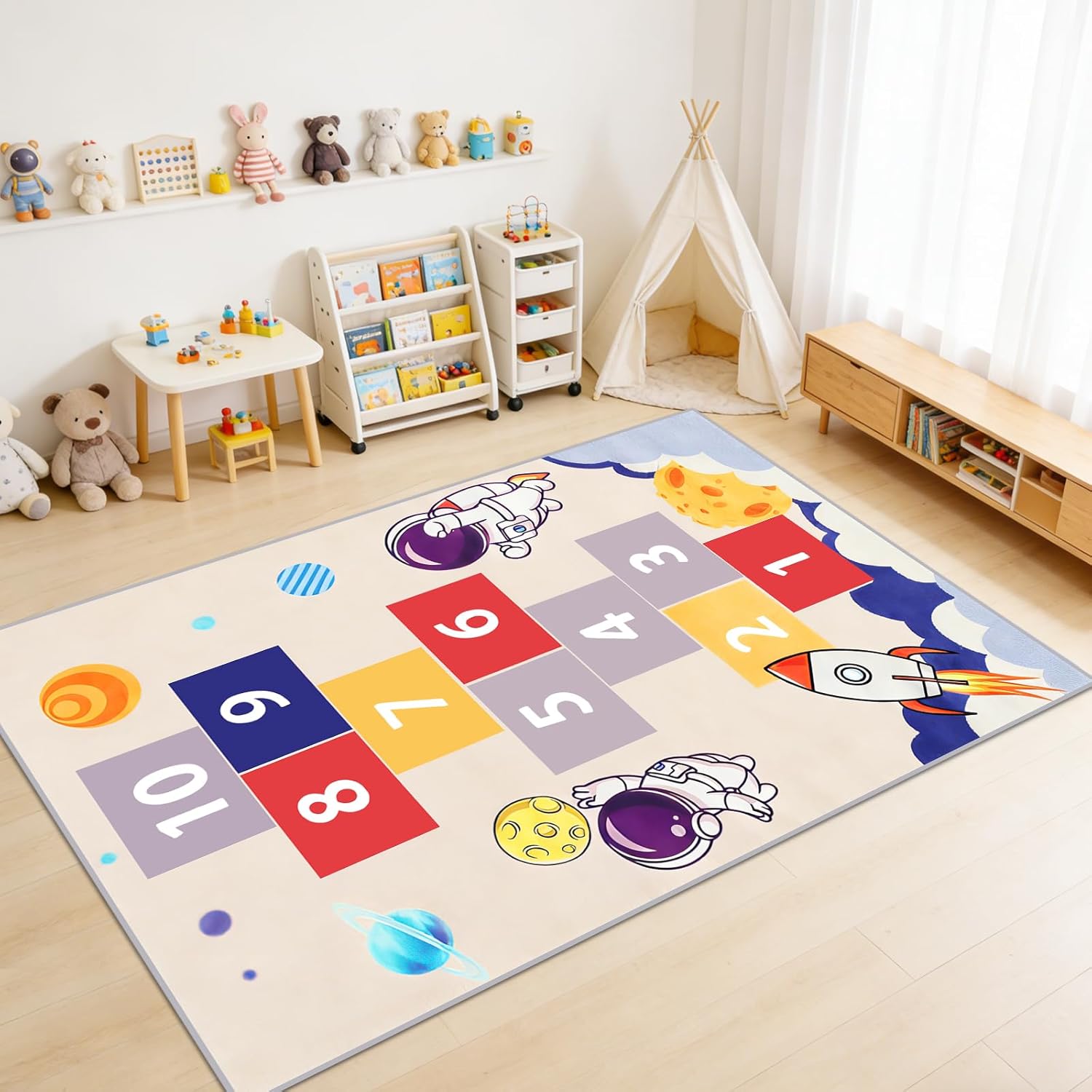 Astronaut Hopscotch Rug for Kids, Blue Space Themed Non-Slip Washable Play Carpet, Educational Number Game Mat for Bedroom Playroom Classroom, Indoor Outdoor Use for Boys Girls