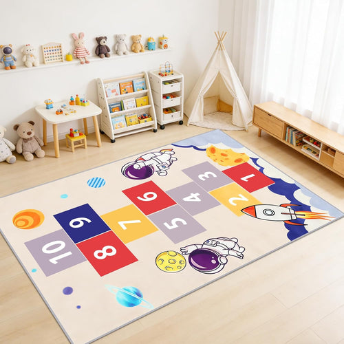 Astronaut Hopscotch Rug for Kids, Blue Space Themed Non-Slip Washable Play Carpet, Educational Number Game Mat for Bedroom Playroom Classroom, Indoor Outdoor Use for Boys Girls