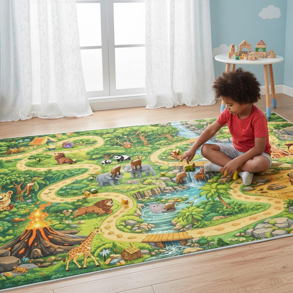 3x5ft Kids Animal Adventure Play Rug - Non-Slip Faux Wool Carpet with Imaginative Play Area Rug for Children Bedroom Playroom, Educational Mat for Kids Nursery Gift