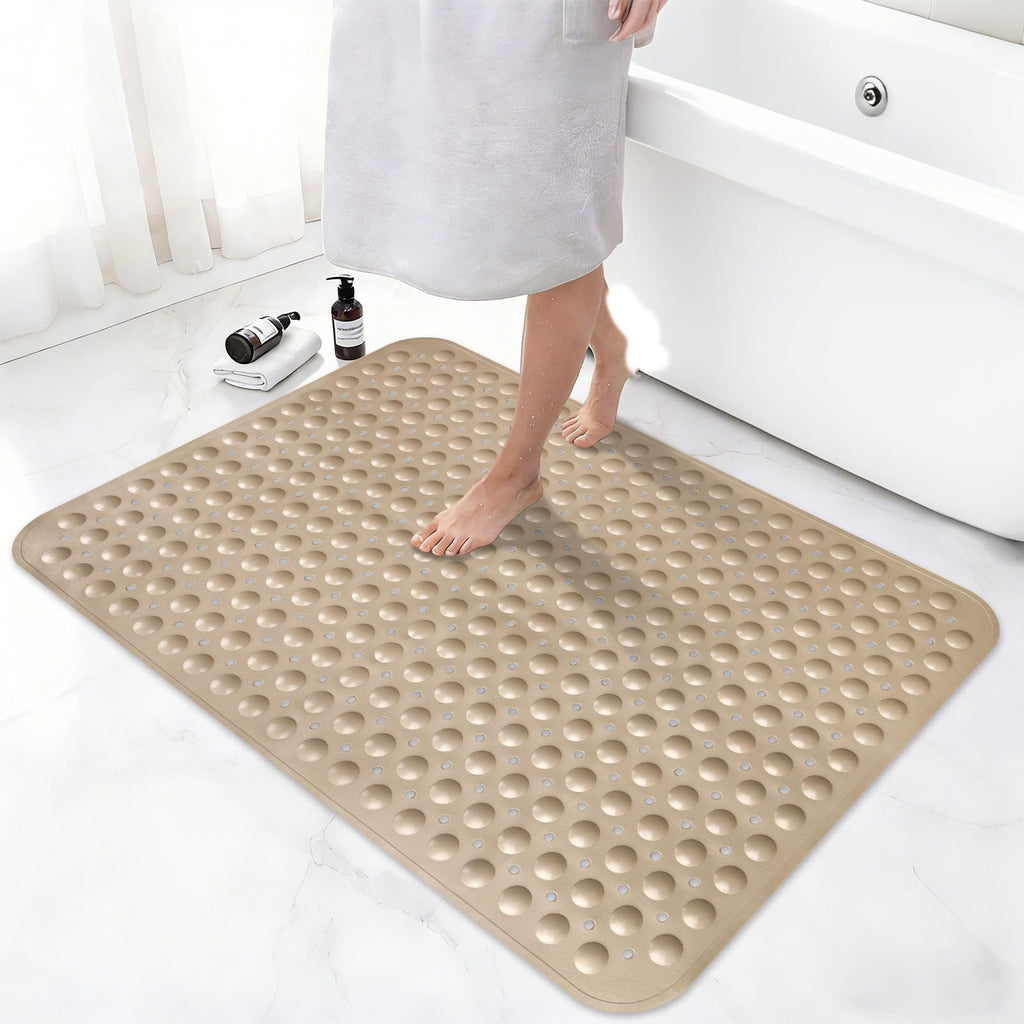 Shower Mat Non Slip, 36" x 24" Large Shower Floor Mat with Drain Holes and Suction Cups, Soft TPE Anti Slip Shower Stall Mats for Inside Shower, Machine Washable, White