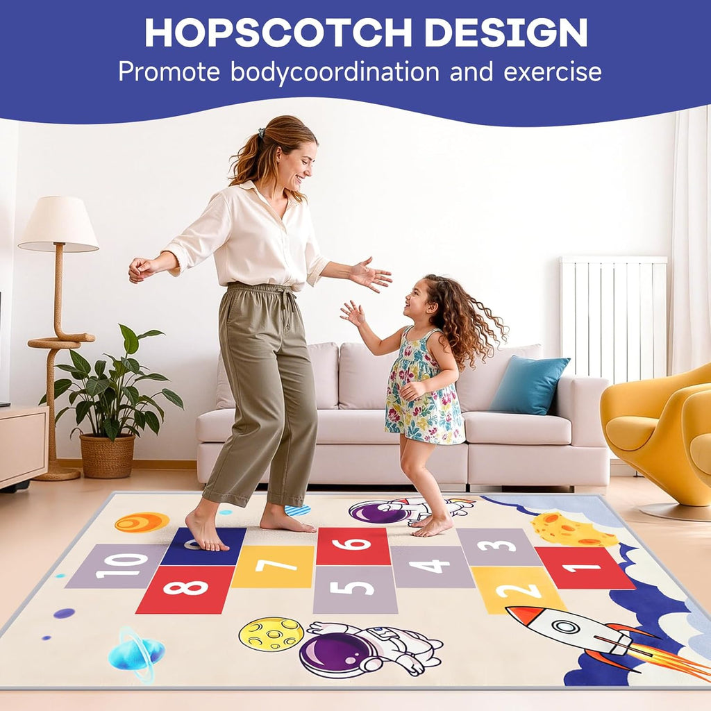 Astronaut Hopscotch Rug for Kids, Blue Space Themed Non-Slip Washable Play Carpet, Educational Number Game Mat for Bedroom Playroom Classroom, Indoor Outdoor Use for Boys Girls