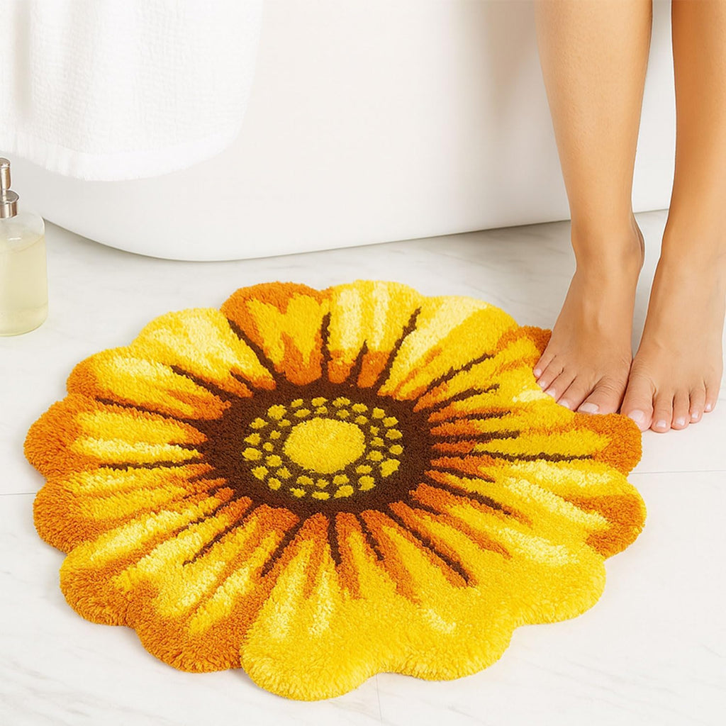 Yellow Flowers Bath Rug, Floral Mat for Bathroom, Non-Slip Floor Mats, Sunflower Washable Microfiber Flower Carpet for Living Room Home Fast Dry Area Rug