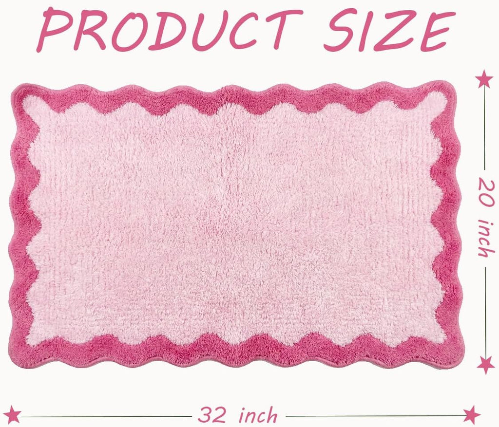 Cute Magenta‌ Pink Scalloped Bathroom Mat, Fun Plush Luxury Microfiber Bath Rug Aesthetic Washable Bath Mat Non-Slip for Bathroom, Tub, Floor Carpet, Sink, Shower, Extra Soft, Absorbent, 32x20