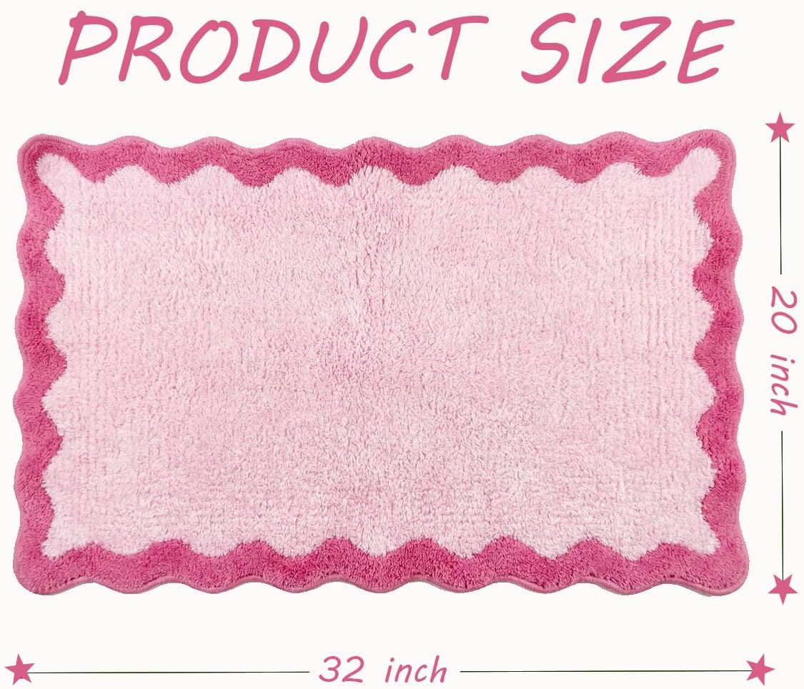 Cute Magenta‌ Pink Scalloped Bathroom Mat, Fun Plush Luxury Microfiber Bath Rug Aesthetic Washable Bath Mat Non-Slip for Bathroom, Tub, Floor Carpet, Sink, Shower, Extra Soft, Absorbent, 32x20
