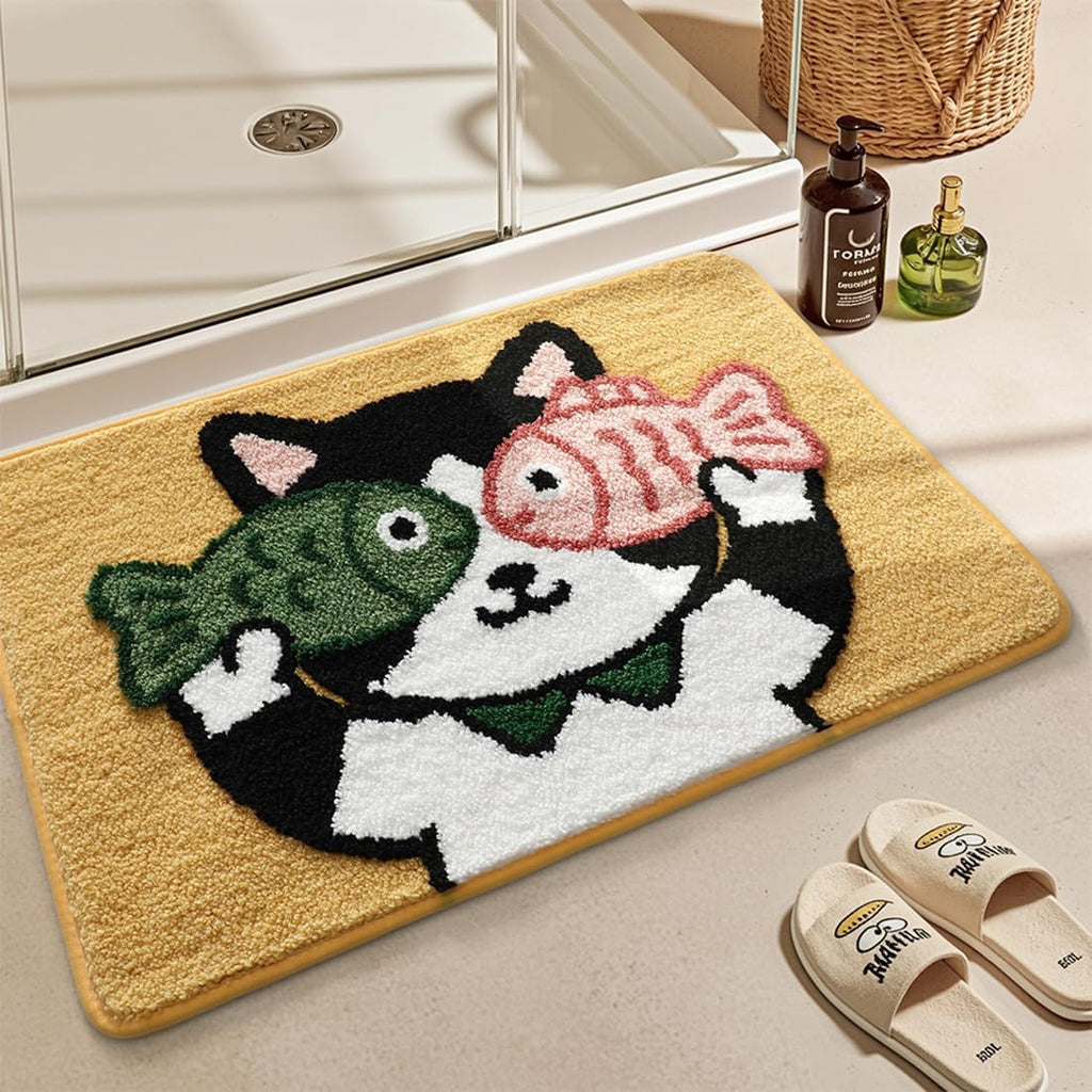 Cute Bath Mat, Fluffy Ultra Soft Bathroom Rugs with Funny Cat Fish Designs, Super Absorbent Shower Bath Rug Non Slip, Machine Washable Floor Mats for Bathtub, Shower, and Entryway, 32" x 20"