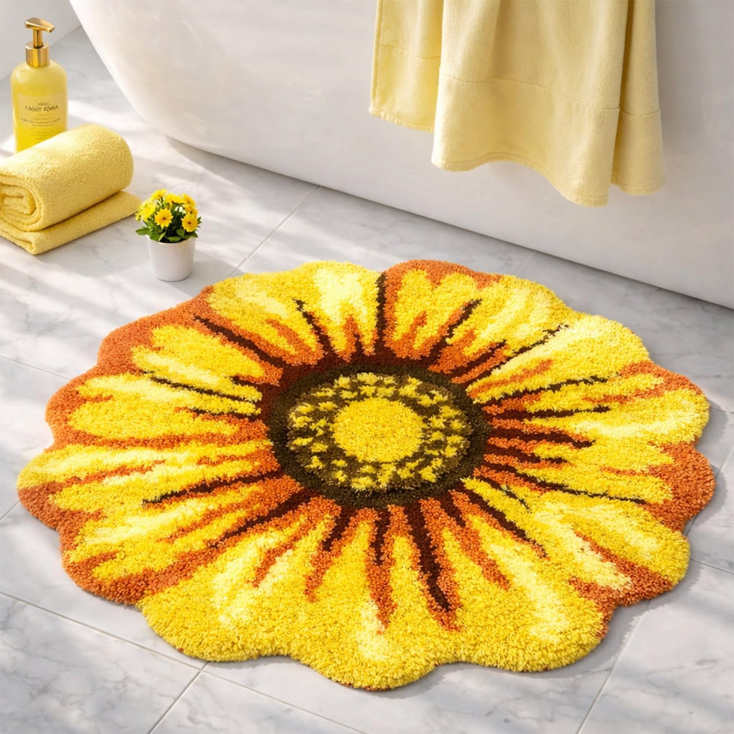 Yellow Flowers Bath Rug, Floral Mat for Bathroom, Non-Slip Floor Mats, Sunflower Washable Microfiber Flower Carpet for Living Room Home Fast Dry Area Rug