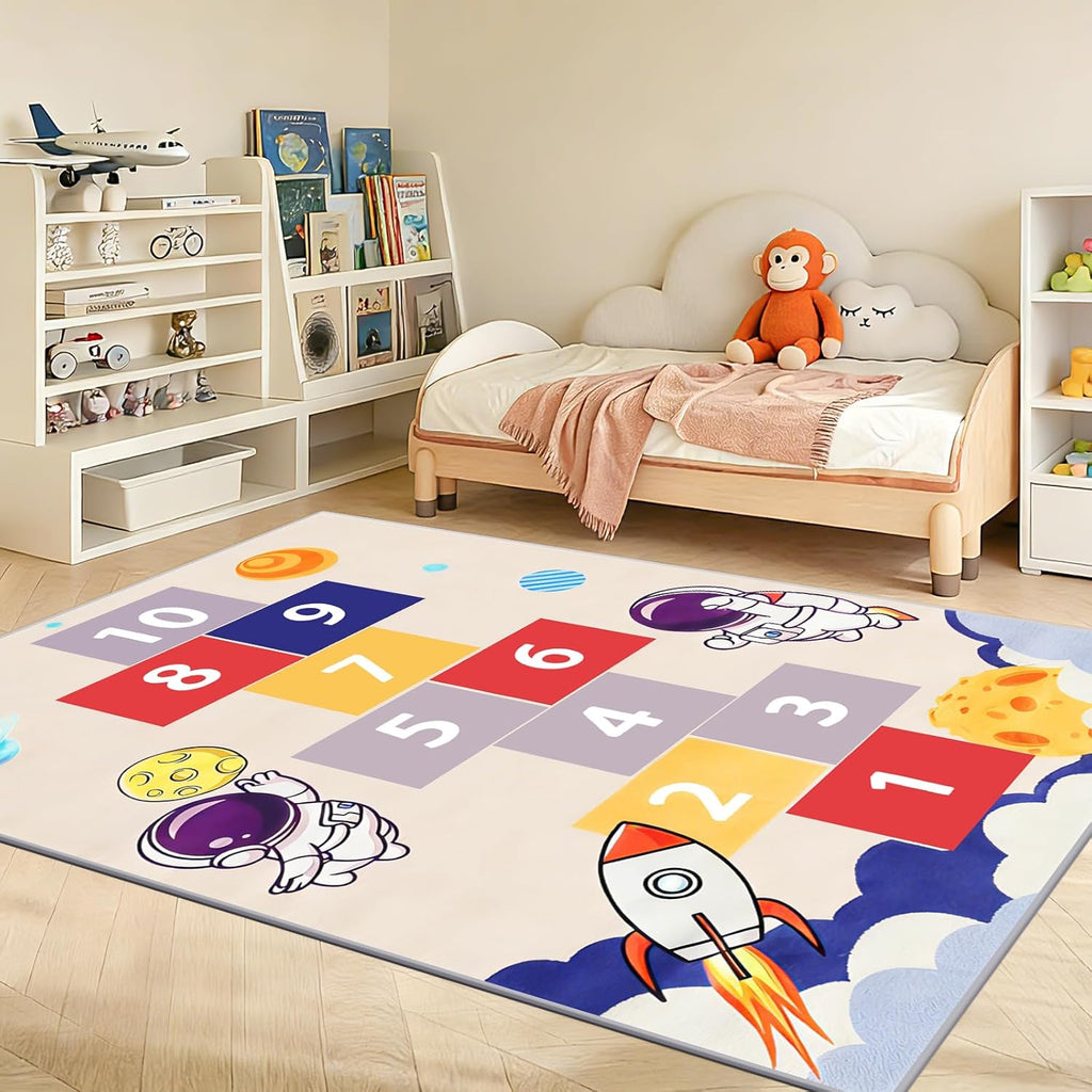 Astronaut Hopscotch Rug for Kids, Blue Space Themed Non-Slip Washable Play Carpet, Educational Number Game Mat for Bedroom Playroom Classroom, Indoor Outdoor Use for Boys Girls