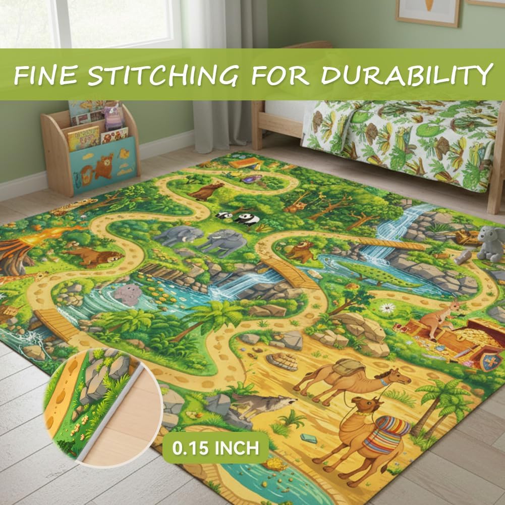 3x5ft Kids Animal Adventure Play Rug - Non-Slip Faux Wool Carpet with Imaginative Play Area Rug for Children Bedroom Playroom, Educational Mat for Kids Nursery Gift