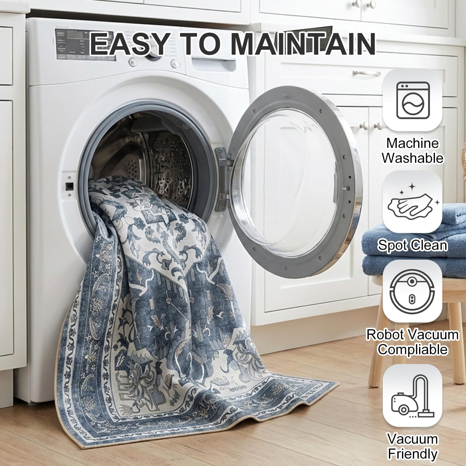 Washable Area Rug, Non Slip Kitchen Entryway Rug, Water-Resistant Vintage Medallion Carpet for Pet, 0.26" Low Pile, Blue Gray & Ivory, 3'x 5'