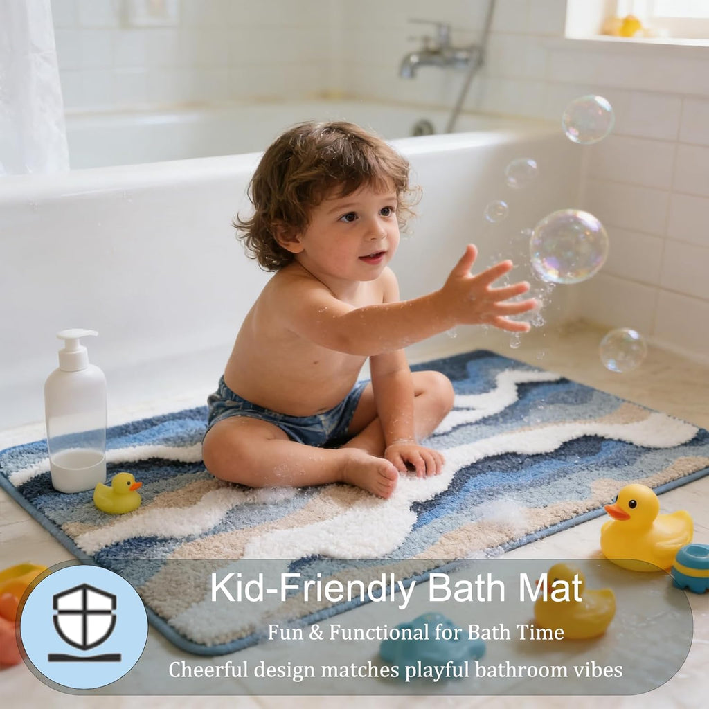 Beach Bathroom Rugs, 20"x32" Highly Absorbent Non-Slip Bath Mat, Ultra-Soft Machine-Washable Ocean Bath Mat for Bathroom Floor, Home Decor (BlueSwell)