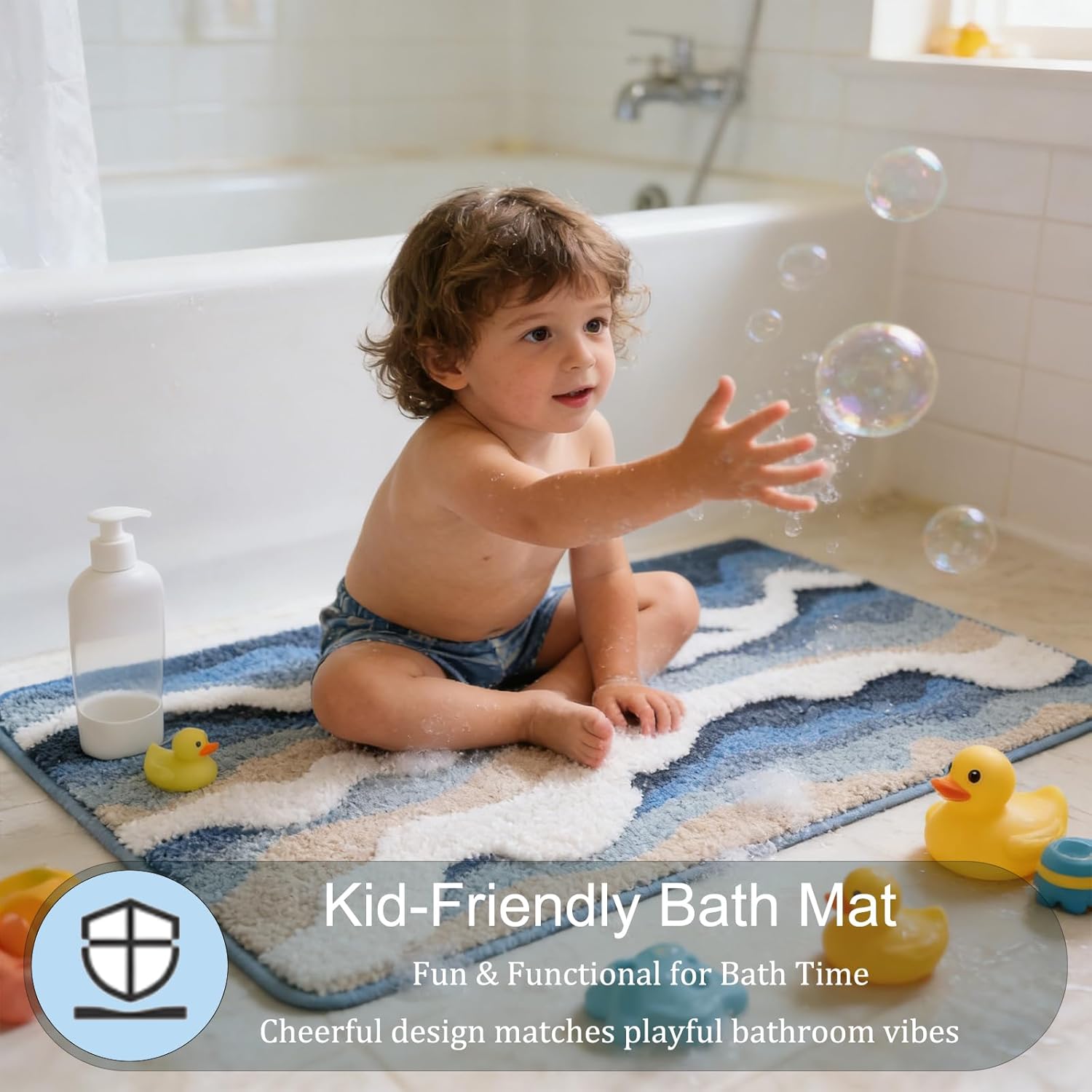 Beach Bathroom Rugs, 20"x32" Highly Absorbent Non-Slip Bath Mat, Ultra-Soft Machine-Washable Ocean Bath Mat for Bathroom Floor, Home Decor (BlueSwell)