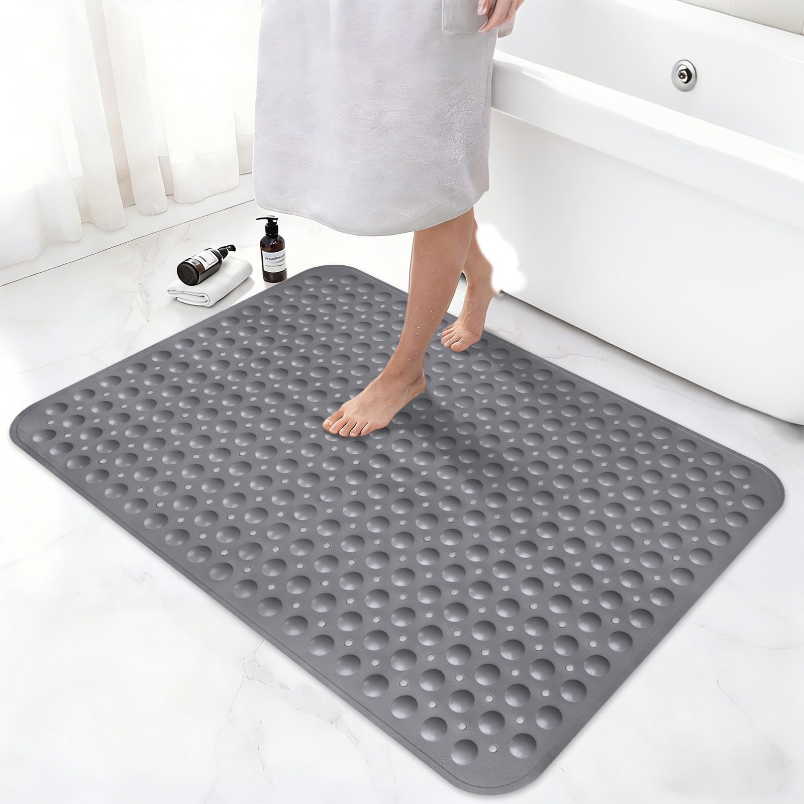 Shower Mat Non Slip, 36" x 24" Large Shower Floor Mat with Drain Holes and Suction Cups, Soft TPE Anti Slip Shower Stall Mats for Inside Shower, Machine Washable, White