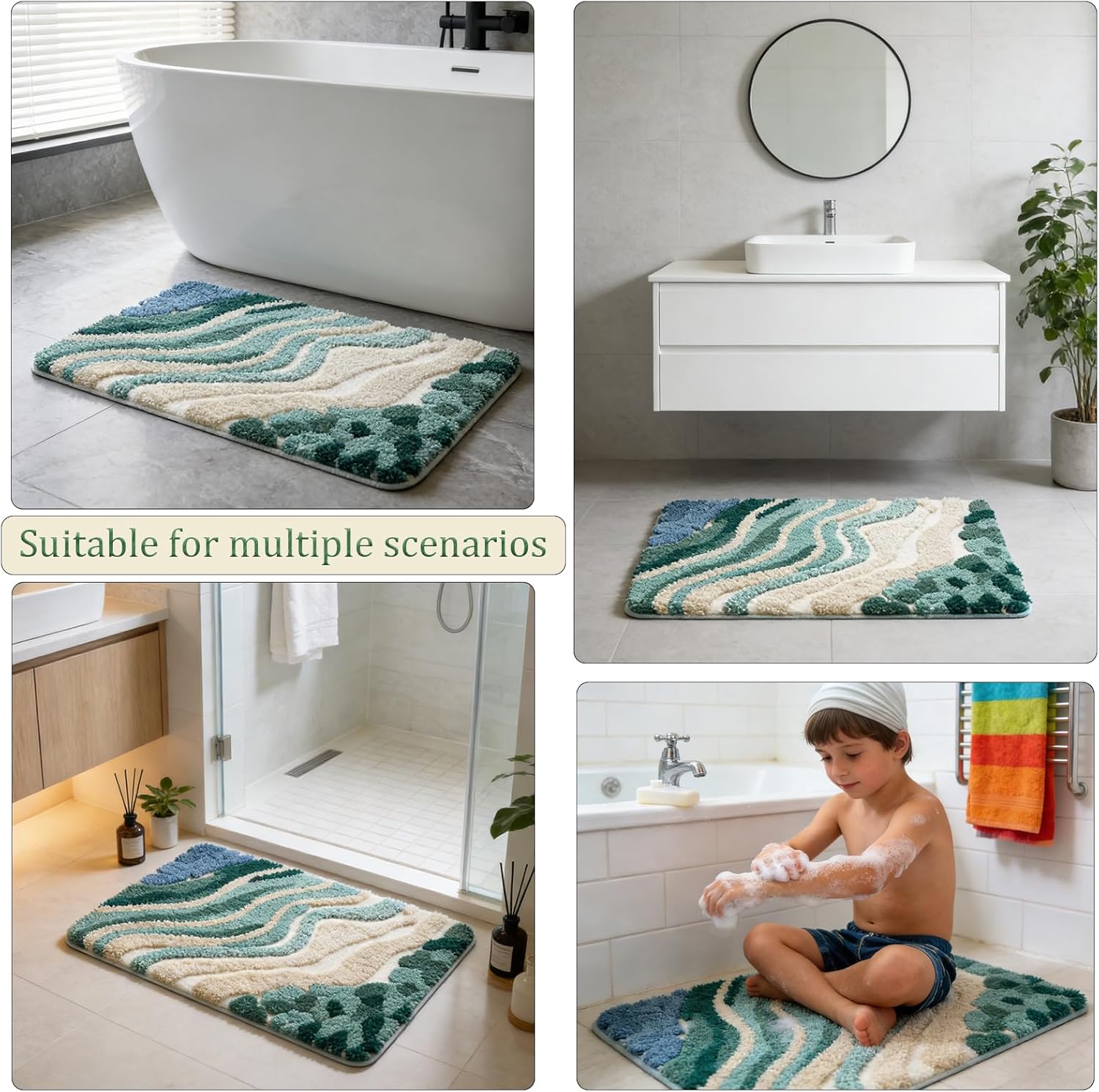 Beach Bathroom Rug Upgraded, 20"x32" Non-Slip Soft Plush Bath Mat, Water Absorbent Shaggy Shower Rug, Machine Washable, Abstract Wave Green Bathroom Decor for Home Decor, Kids Room, Shower (Stream)