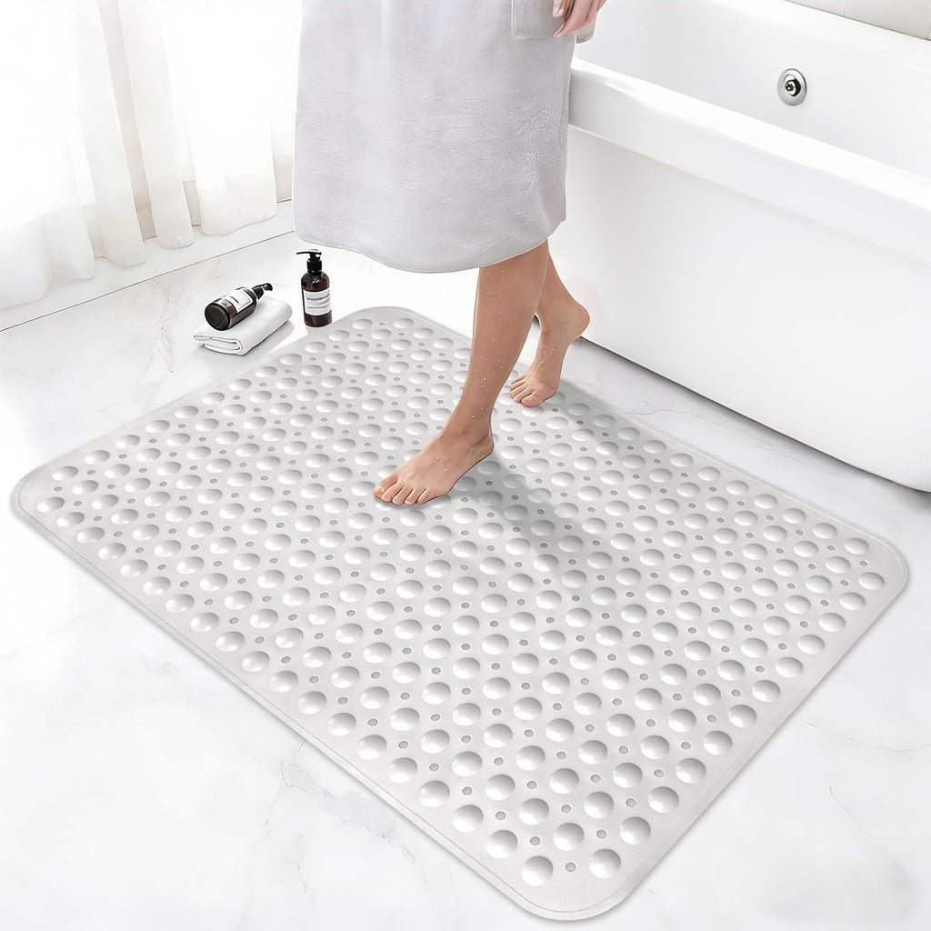 Shower Mat Non Slip, 36" x 24" Large Shower Floor Mat with Drain Holes and Suction Cups, Soft TPE Anti Slip Shower Stall Mats for Inside Shower, Machine Washable, White