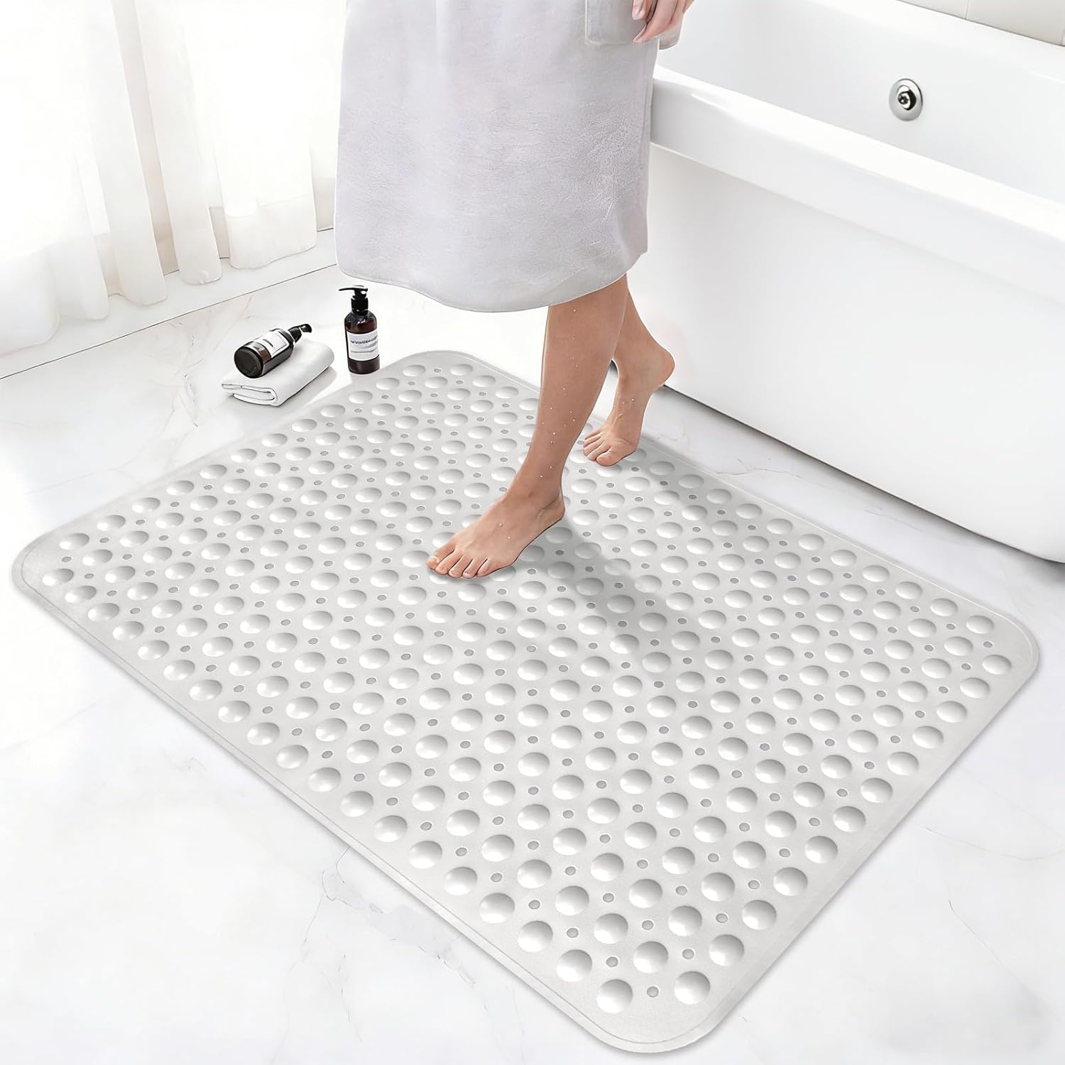 Shower Mat Non Slip, 36" x 24" Large Shower Floor Mat with Drain Holes and Suction Cups, Soft TPE Anti Slip Shower Stall Mats for Inside Shower, Machine Washable, White
