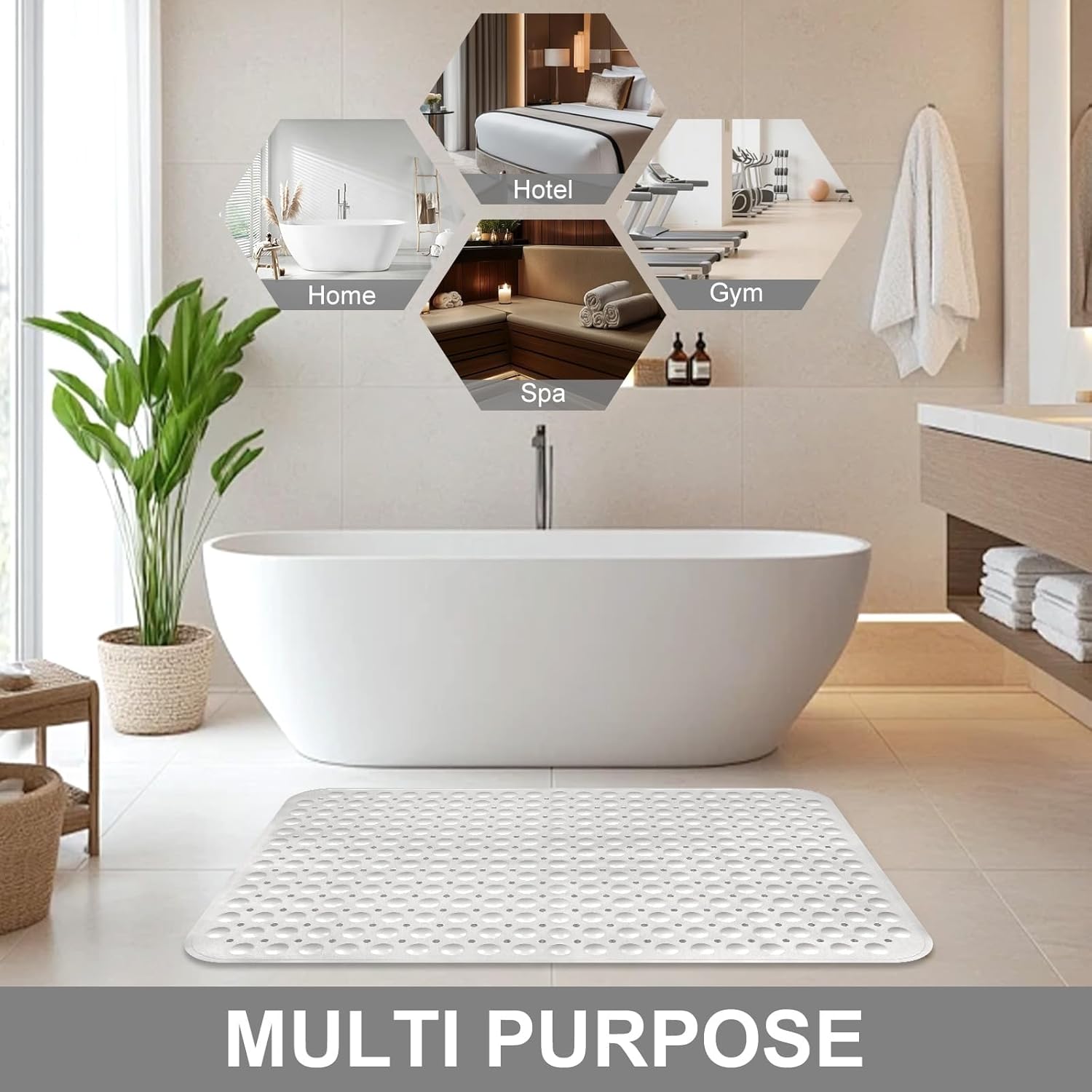 Shower Mat Non Slip, 36" x 24" Large Shower Floor Mat with Drain Holes and Suction Cups, Soft TPE Anti Slip Shower Stall Mats for Inside Shower, Machine Washable, White