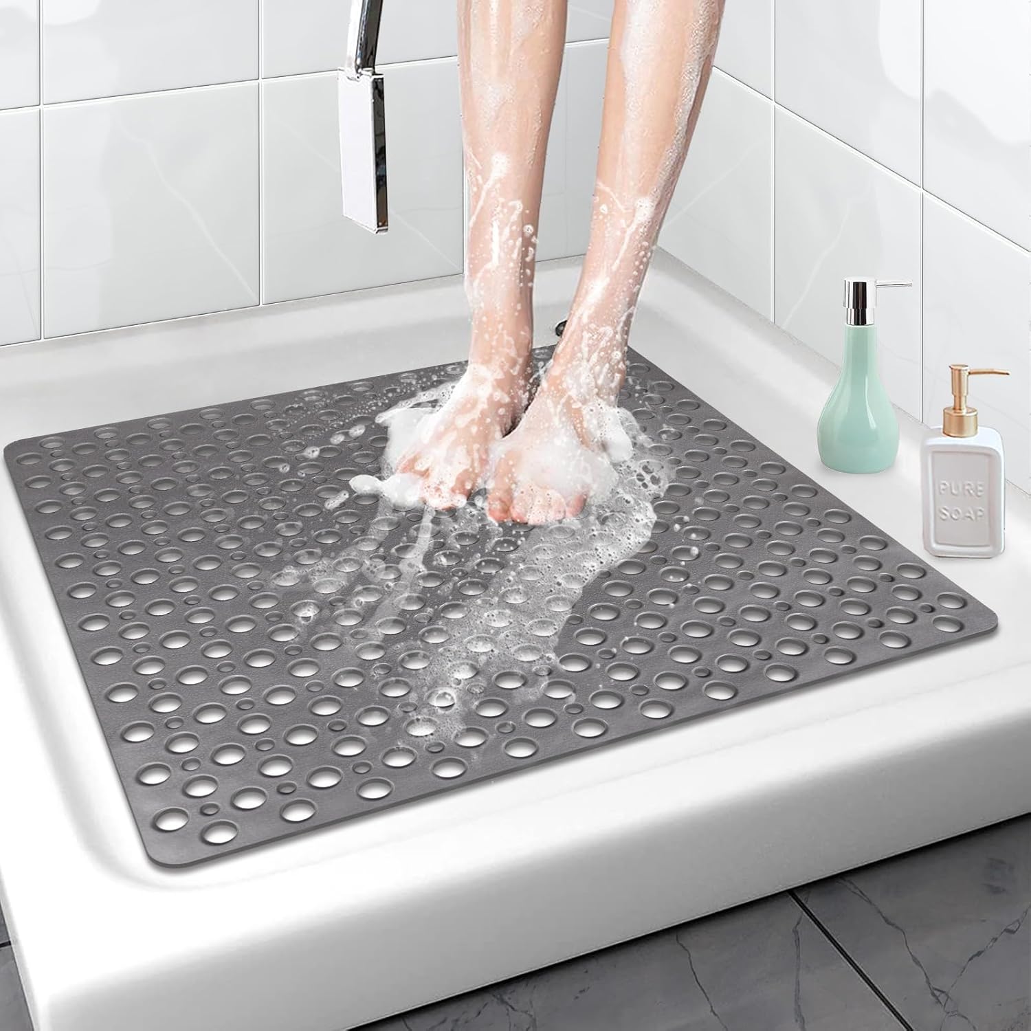 Square Shower Mat Non Slip, 27" x 27" Large Shower Mats for Inside Shower, Soft TPE Shower Floor Mat with Suction Cups and Big Drain Holes, Anti Slip Shower Stall Matt, Grey