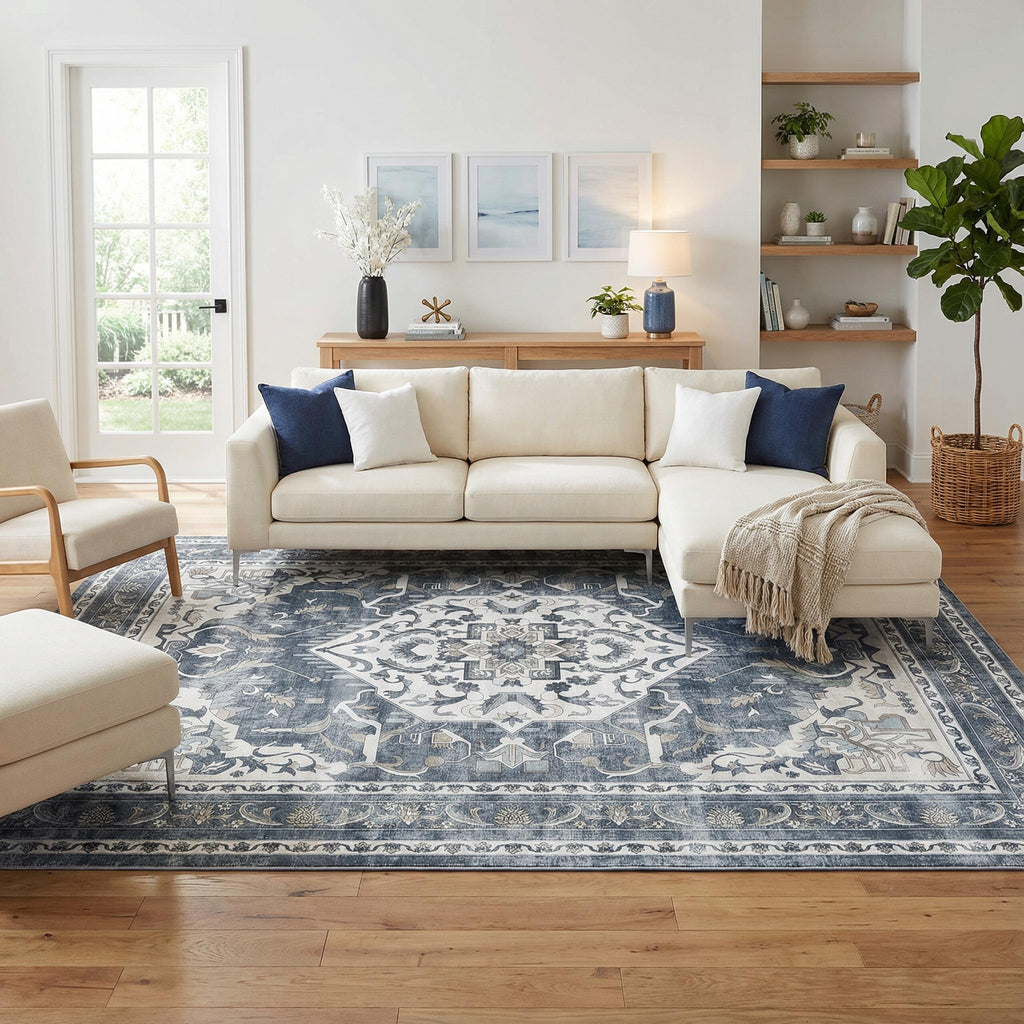 Washable Area Rug, Non Slip Kitchen Entryway Rug, Water-Resistant Vintage Medallion Carpet for Pet, 0.26" Low Pile, Blue Gray & Ivory, 3'x 5'