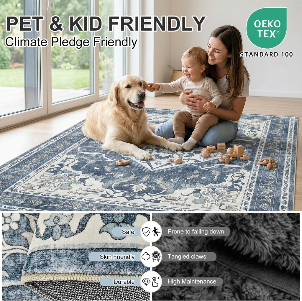Washable Area Rug, Non Slip Kitchen Entryway Rug, Water-Resistant Vintage Medallion Carpet for Pet, 0.26" Low Pile, Blue Gray & Ivory, 3'x 5'