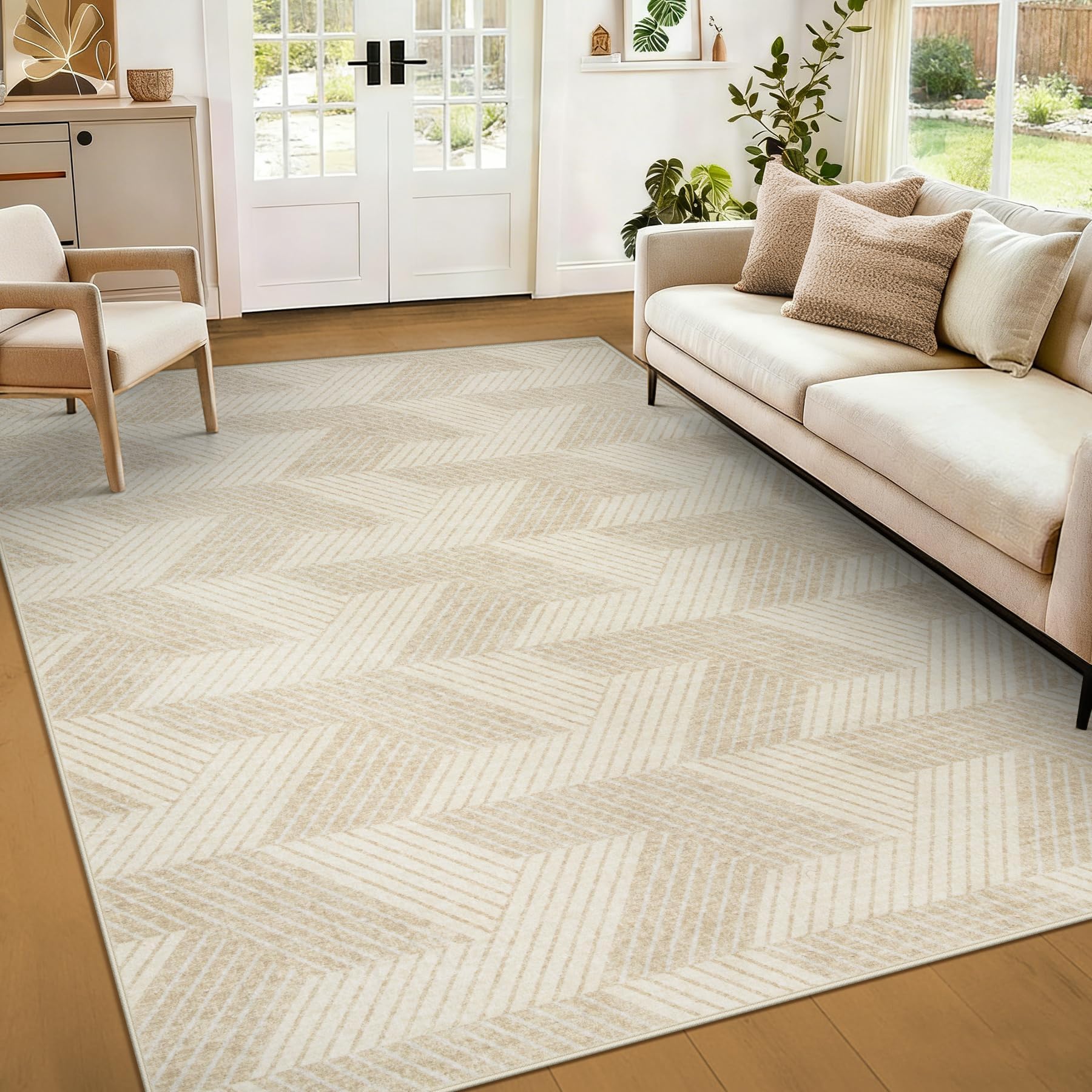 Area Rug 5x7 for Living Room: Washable Modern Geometric Rugs Low Pile Soft Non Slip Carpet for Bedroom Nursery Dining Room Home Office (Beige, 5'x7')