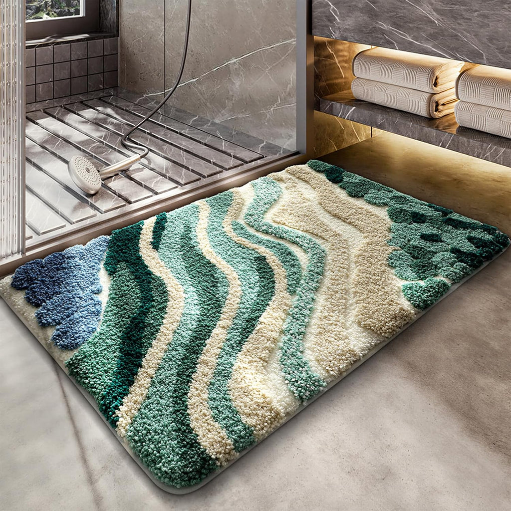 Beach Bathroom Rug Upgraded, 20"x32" Non-Slip Soft Plush Bath Mat, Water Absorbent Shaggy Shower Rug, Machine Washable, Abstract Wave Green Bathroom Decor for Home Decor, Kids Room, Shower (Stream)