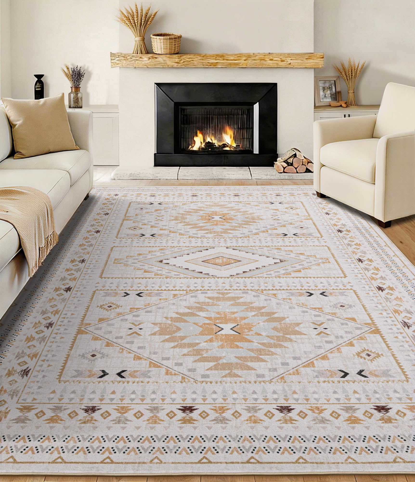 Boho Farmhouse Area Rug 5x7, Washable Tribal Rug for Bedroom, Non-Slip Medallion Rugs for Living Room Dining Room, Entryway (Beige/Yellow, 5'x7')