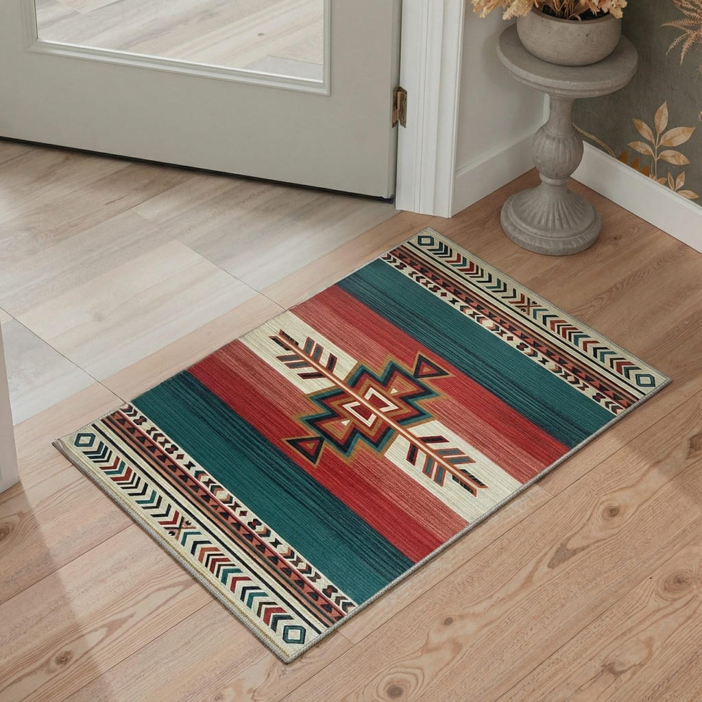 Bavni 2x3 Rug Arrow Bohemian Print Pattern Non Slip Backing Machine Washable Low Pile Light Weight Indoor Outdoor for Entryway Kitchen Entrance Front Door Bathroom Farmhouse Decor, Crimson Teal